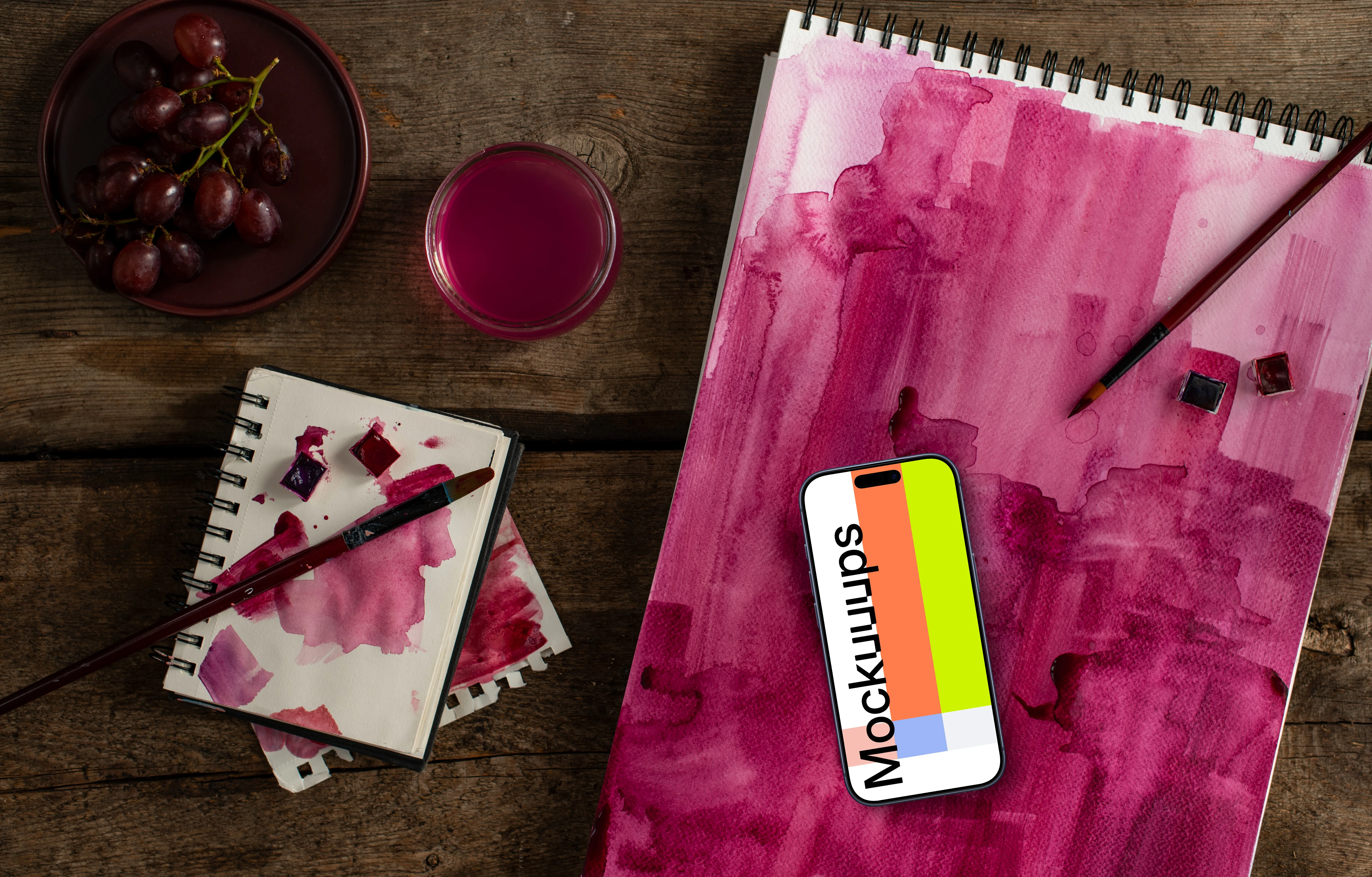 Phone mockup on the Magenta watercolor painting