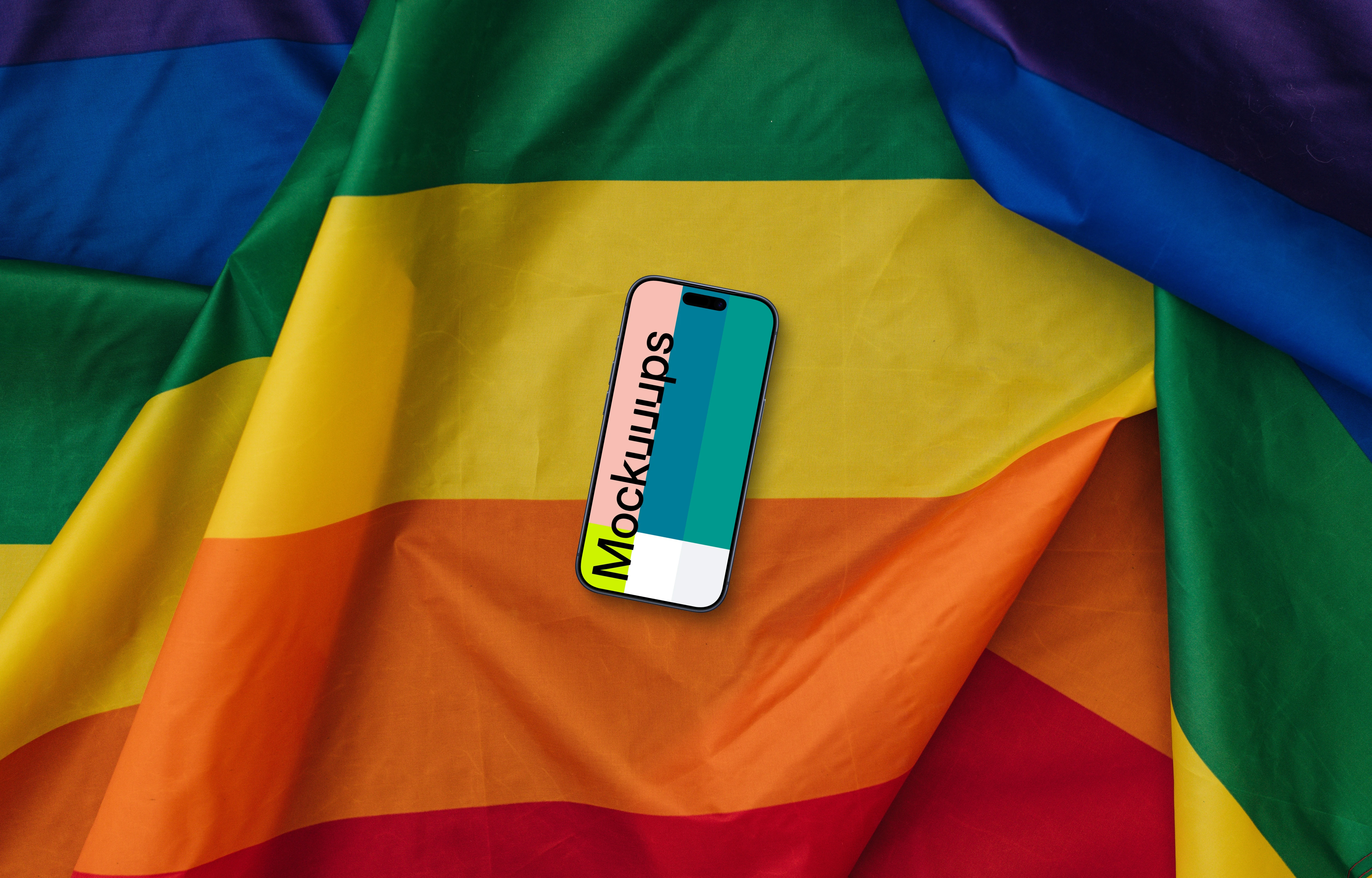 Pride smartphone mockup on a rainbow flag