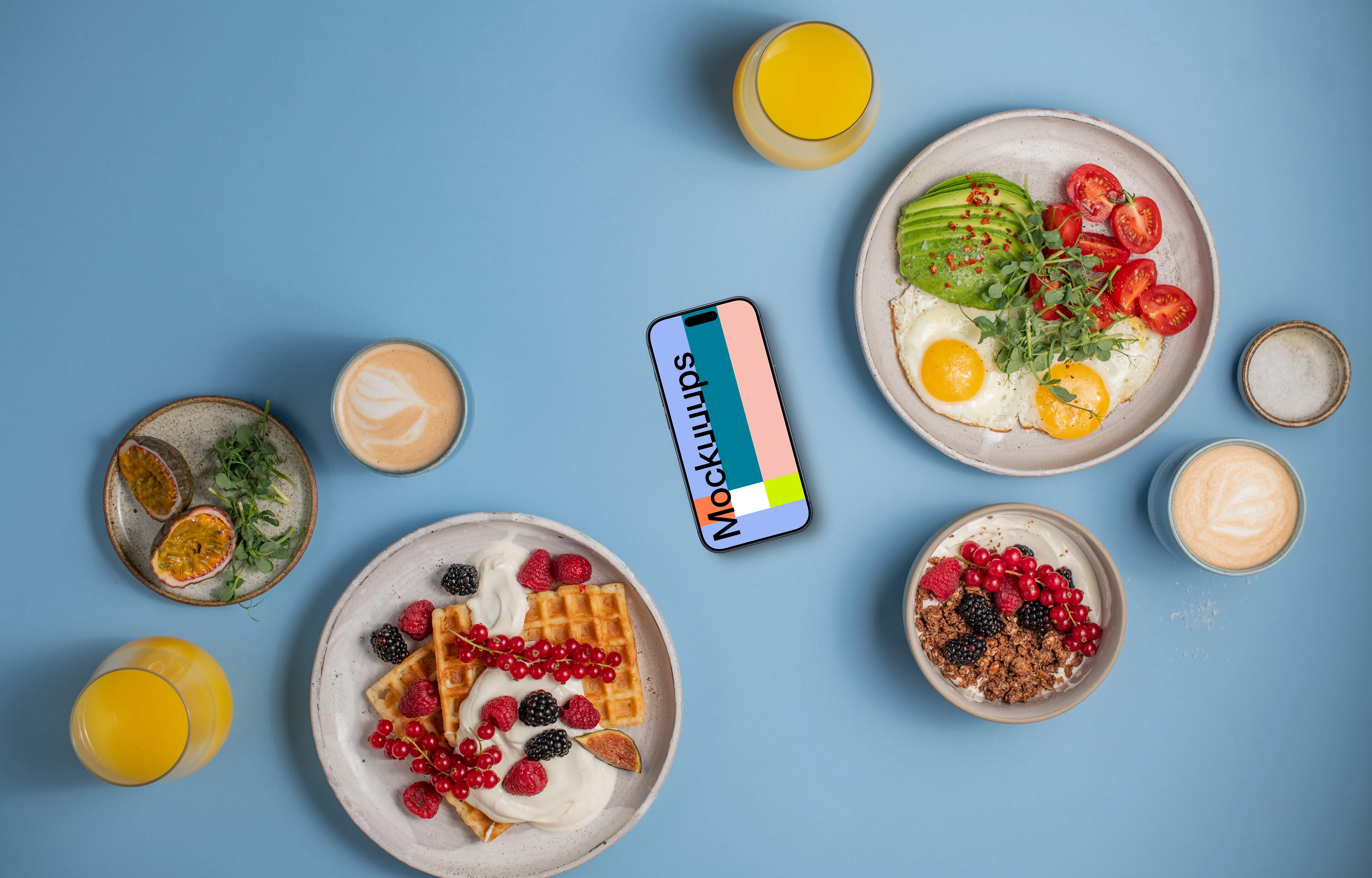 Smartphone mockup surrounded by breakfast