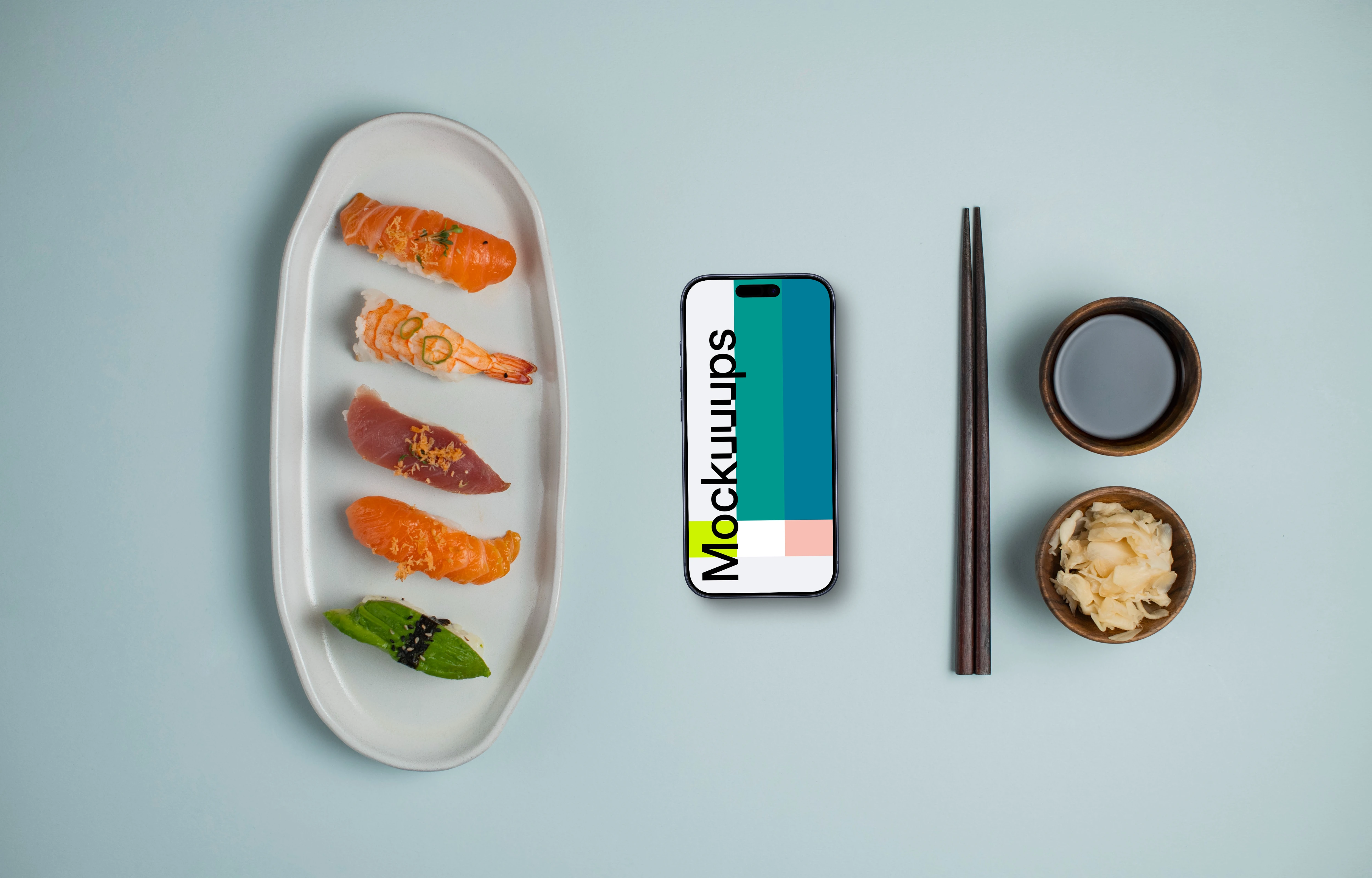 Nigiri sushi on a plate next to the Smartphone mockup