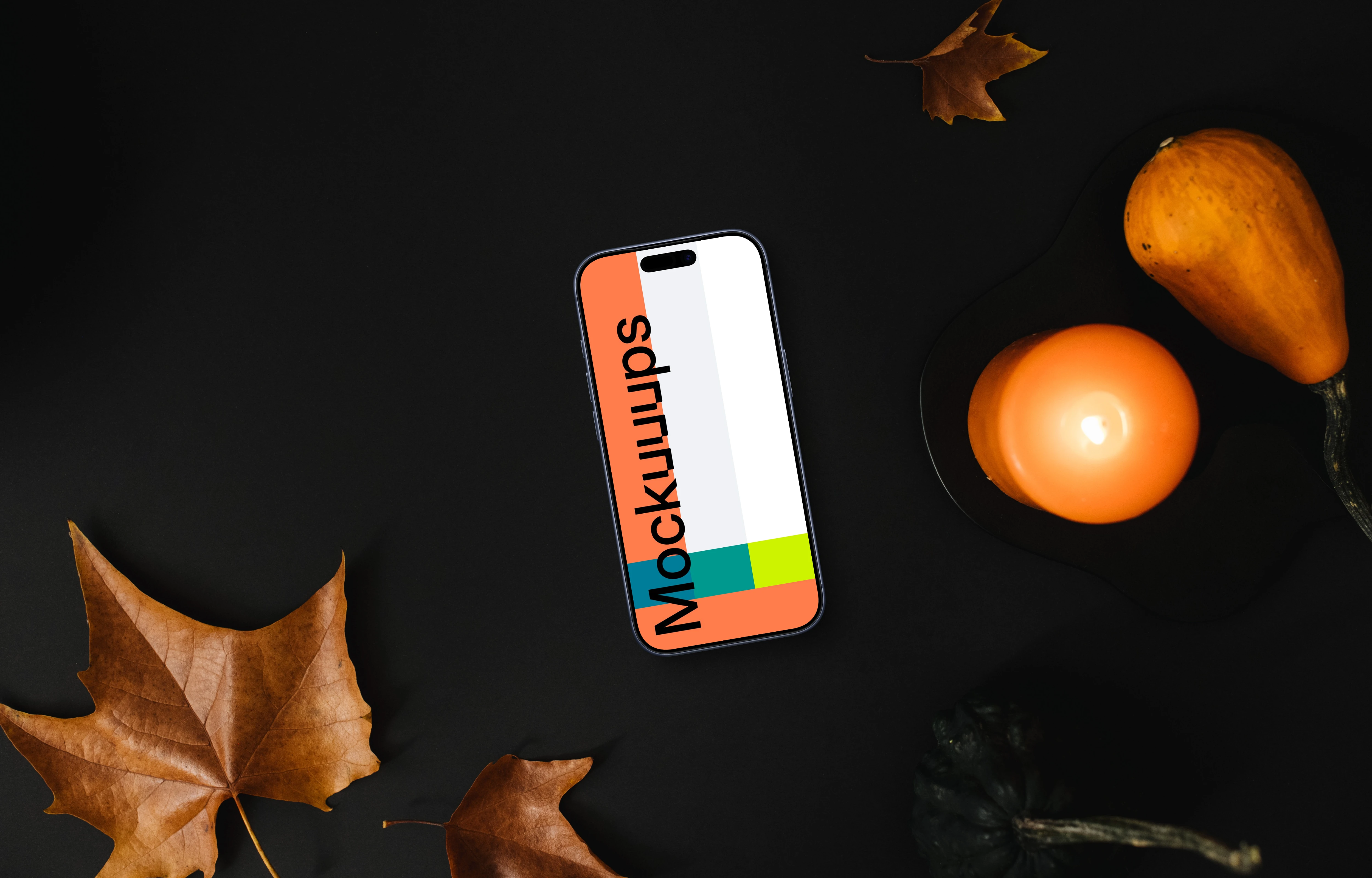Halloween presentation template with a phone mockup and candles on the side
