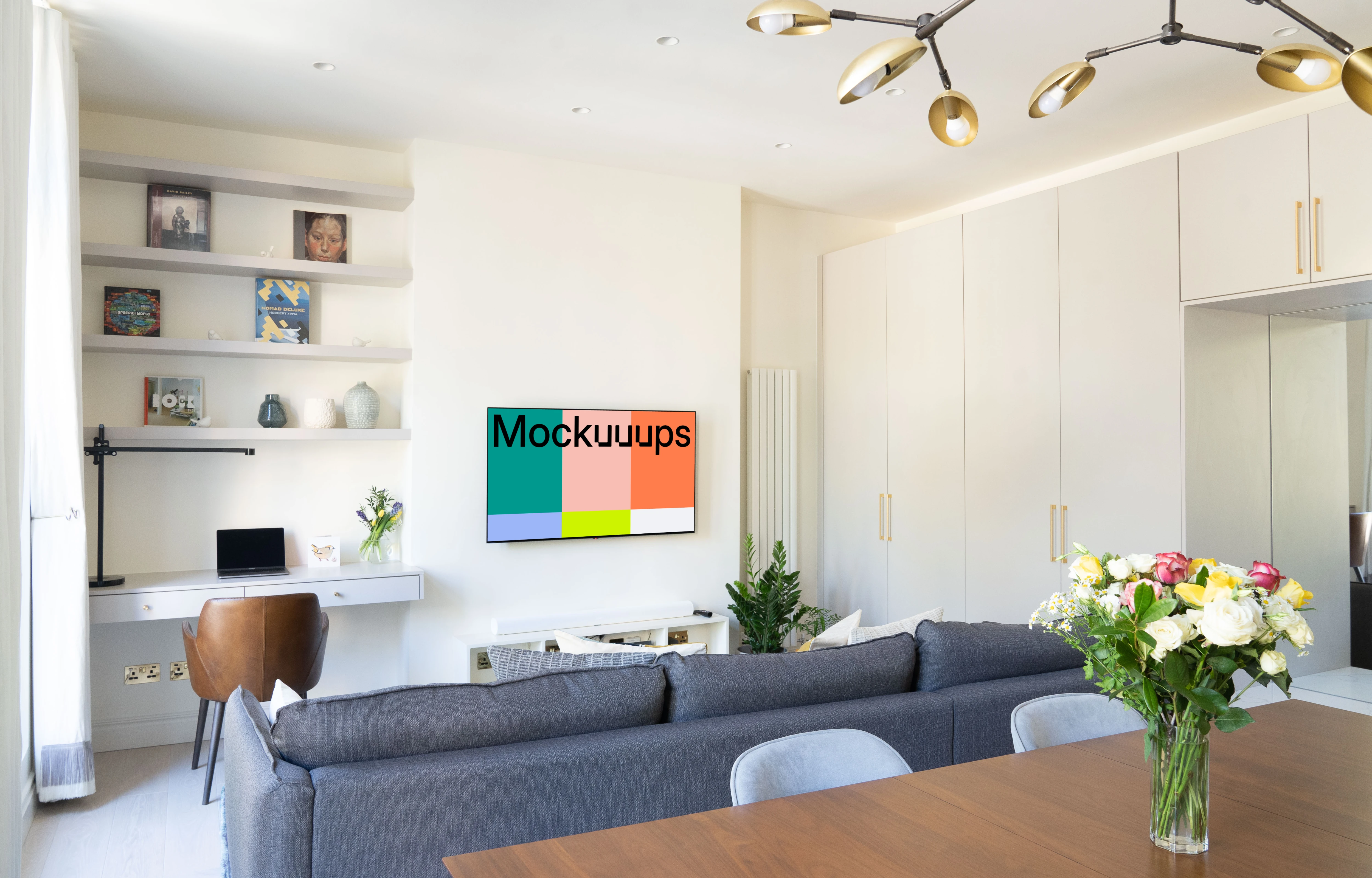 Smart television mockup hung on a wall in a modern apartment