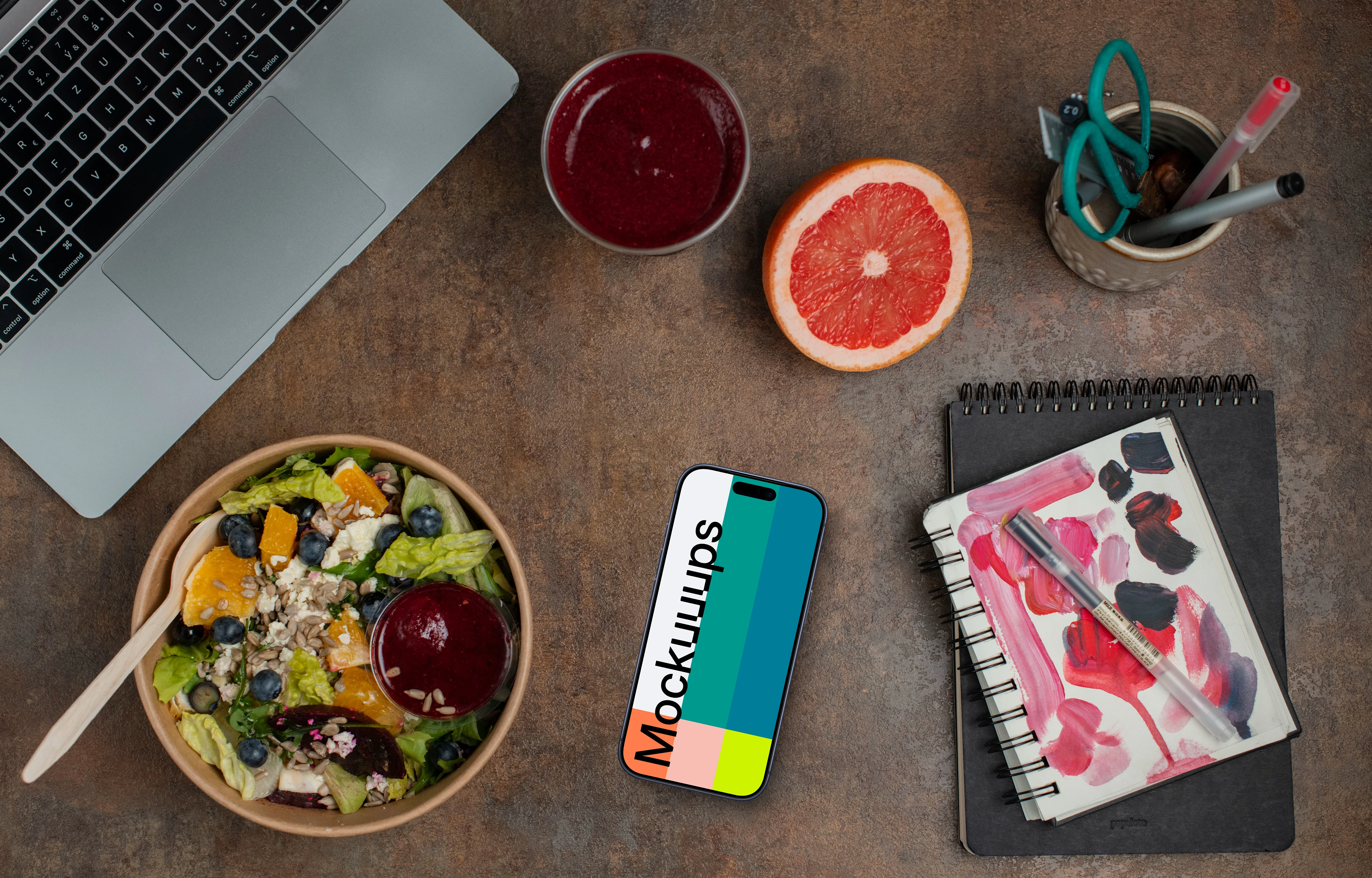 Smartphone mockup next to the delicious salad