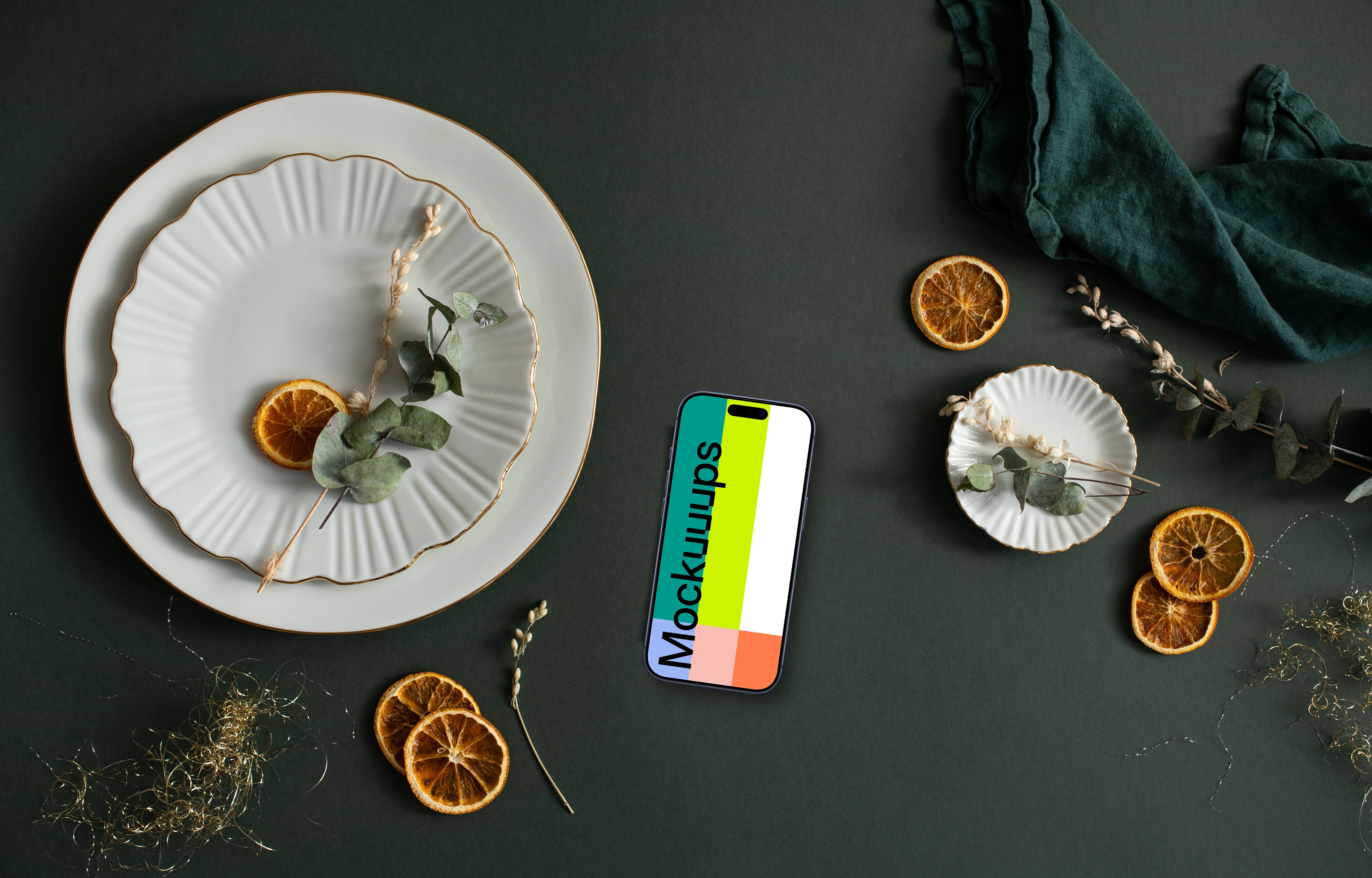 Smartphone mockup placed on the christmas table