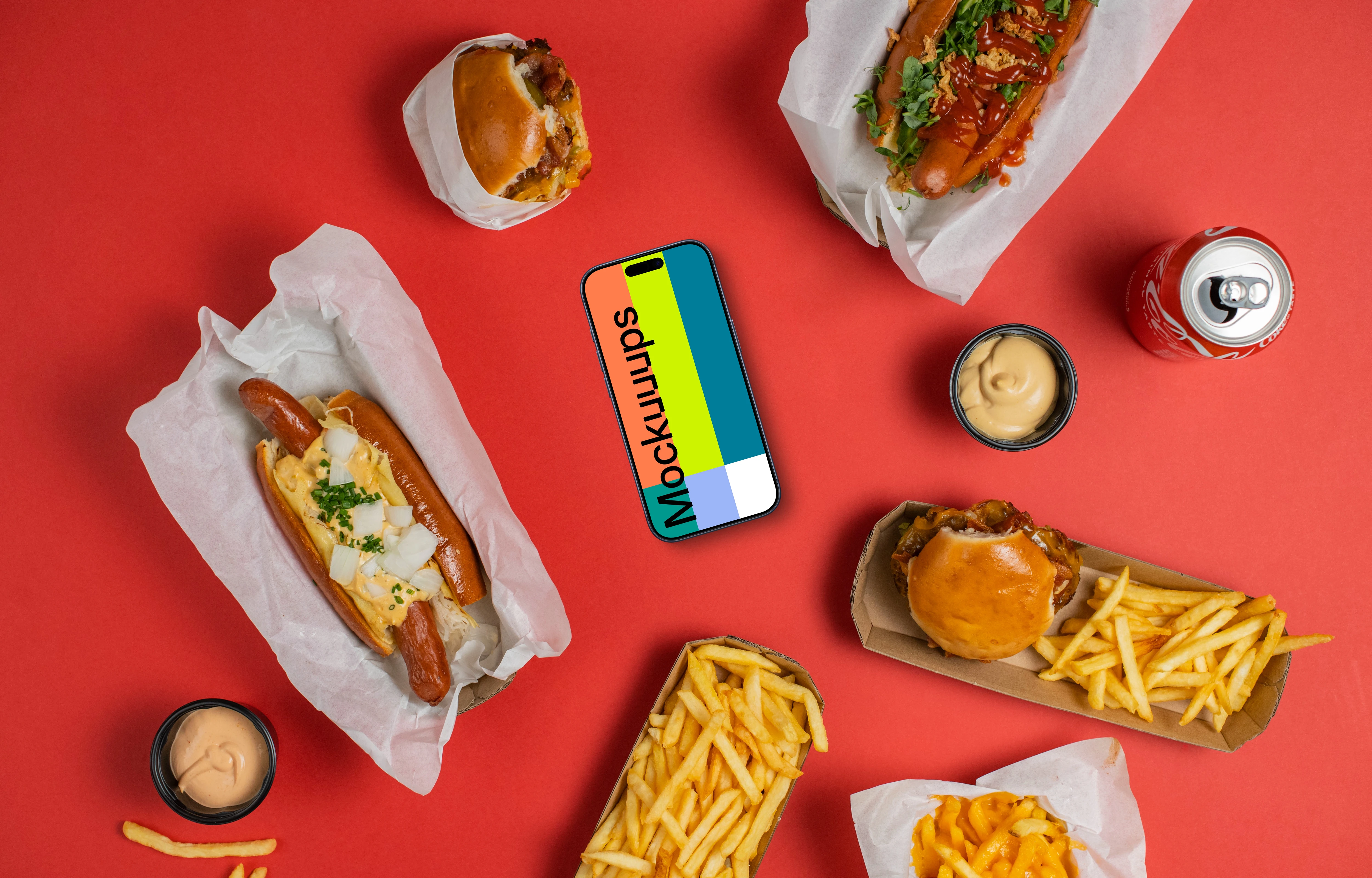 Smartphone mockup surrounded by fast food