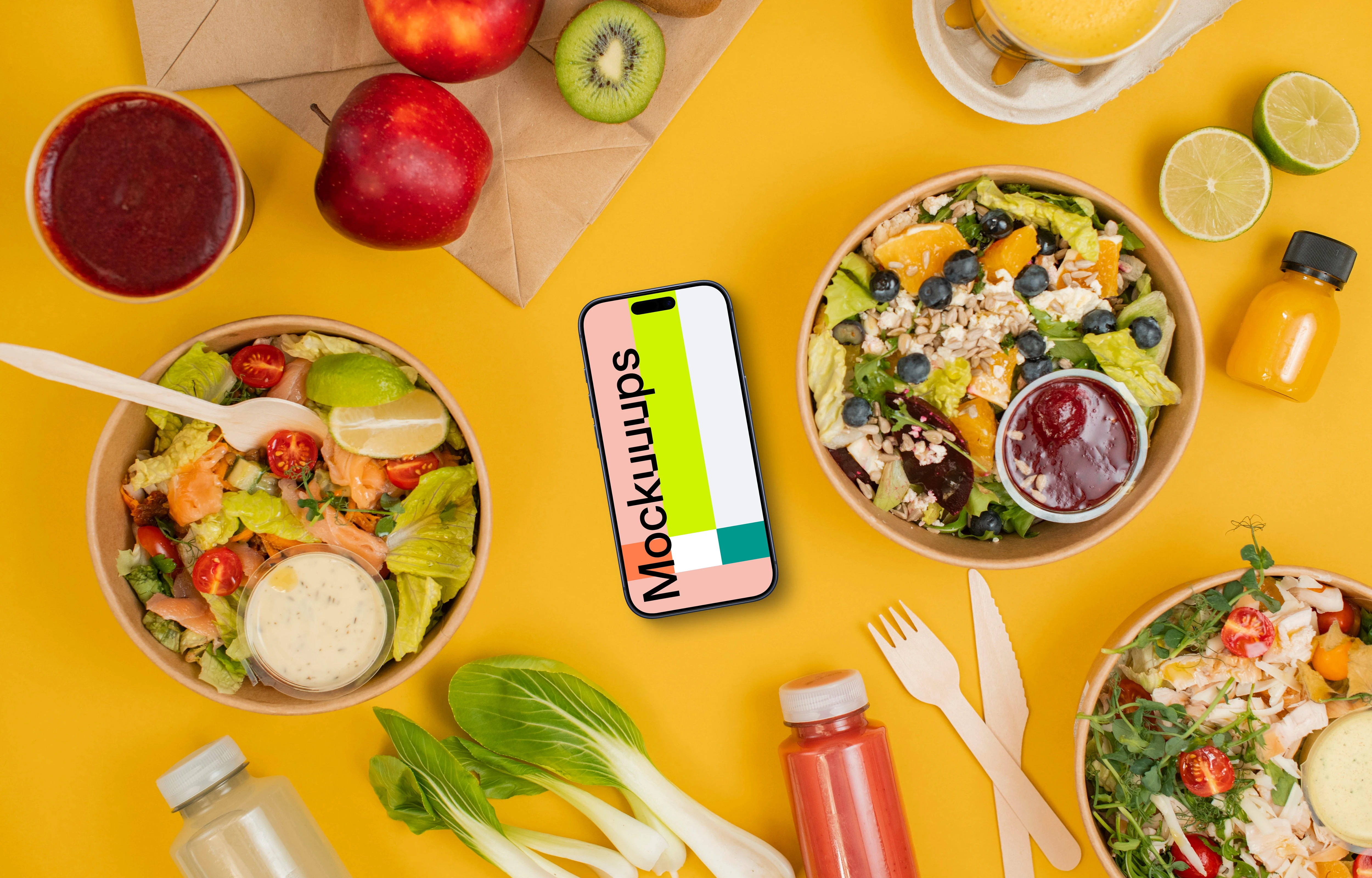 Smartphone mockup surrounded by healthy salads
