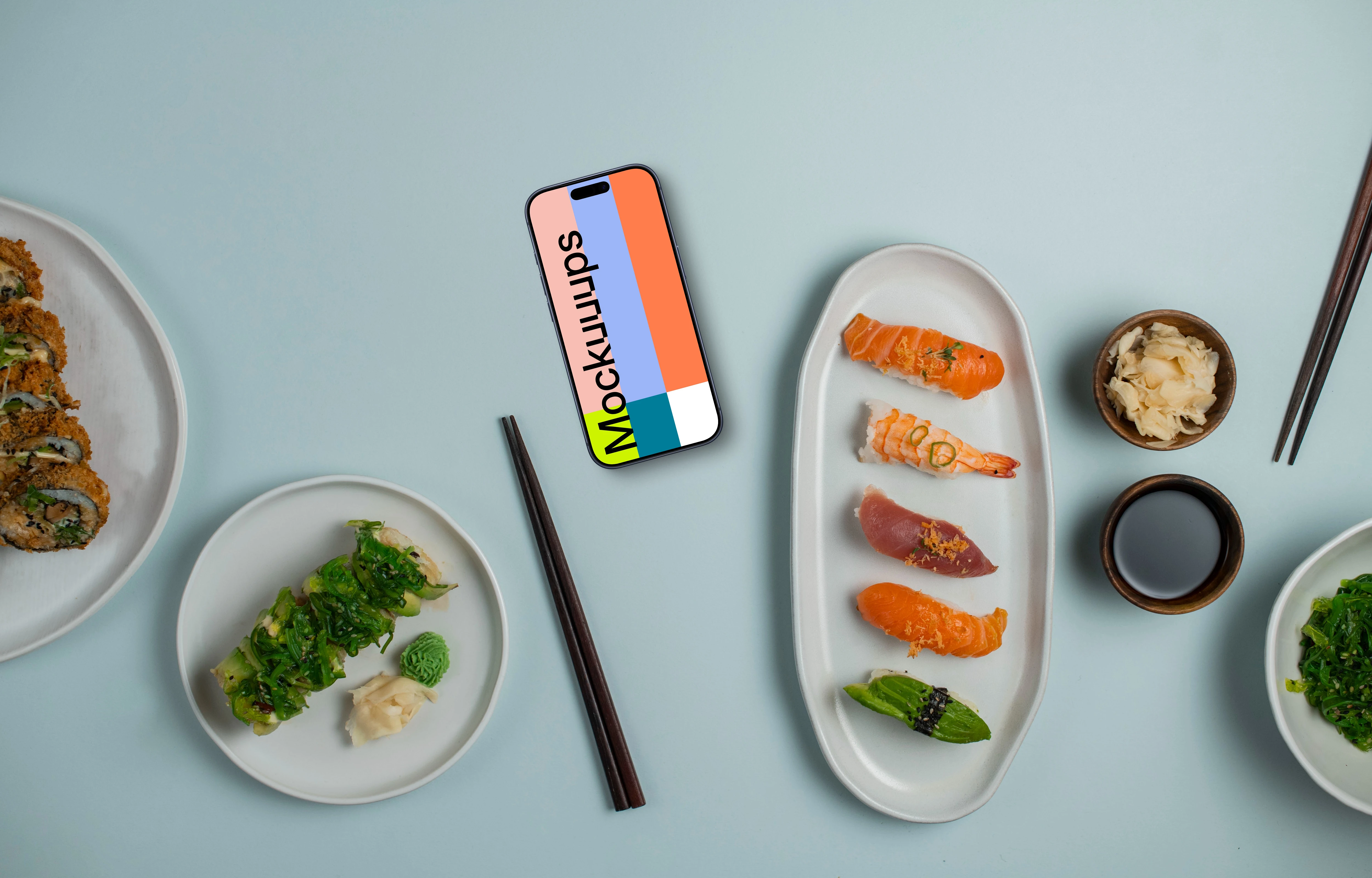 Smartphone mockup surrounded by sushi