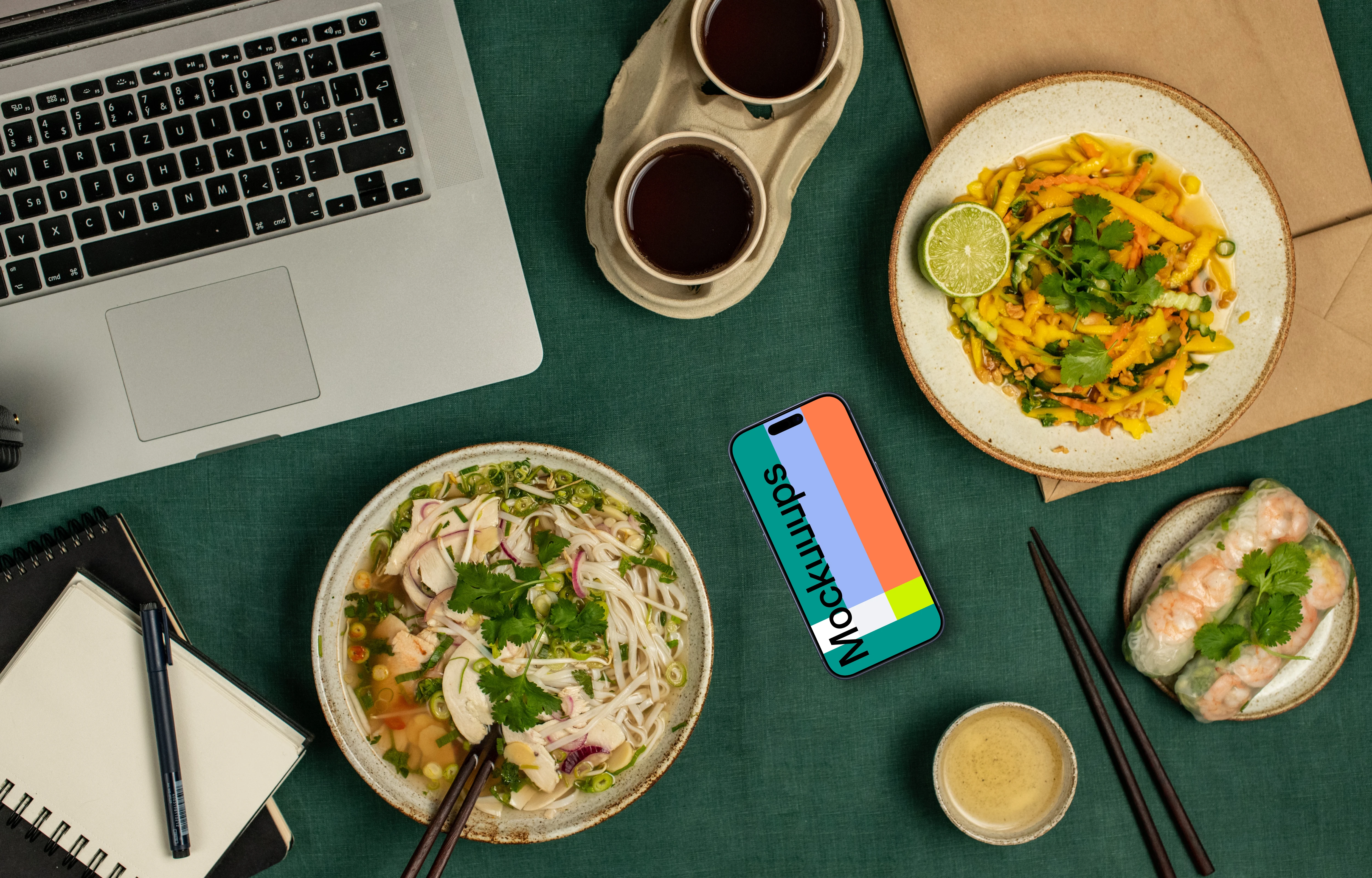 Smartphone mockup surrounded by vietnamese food
