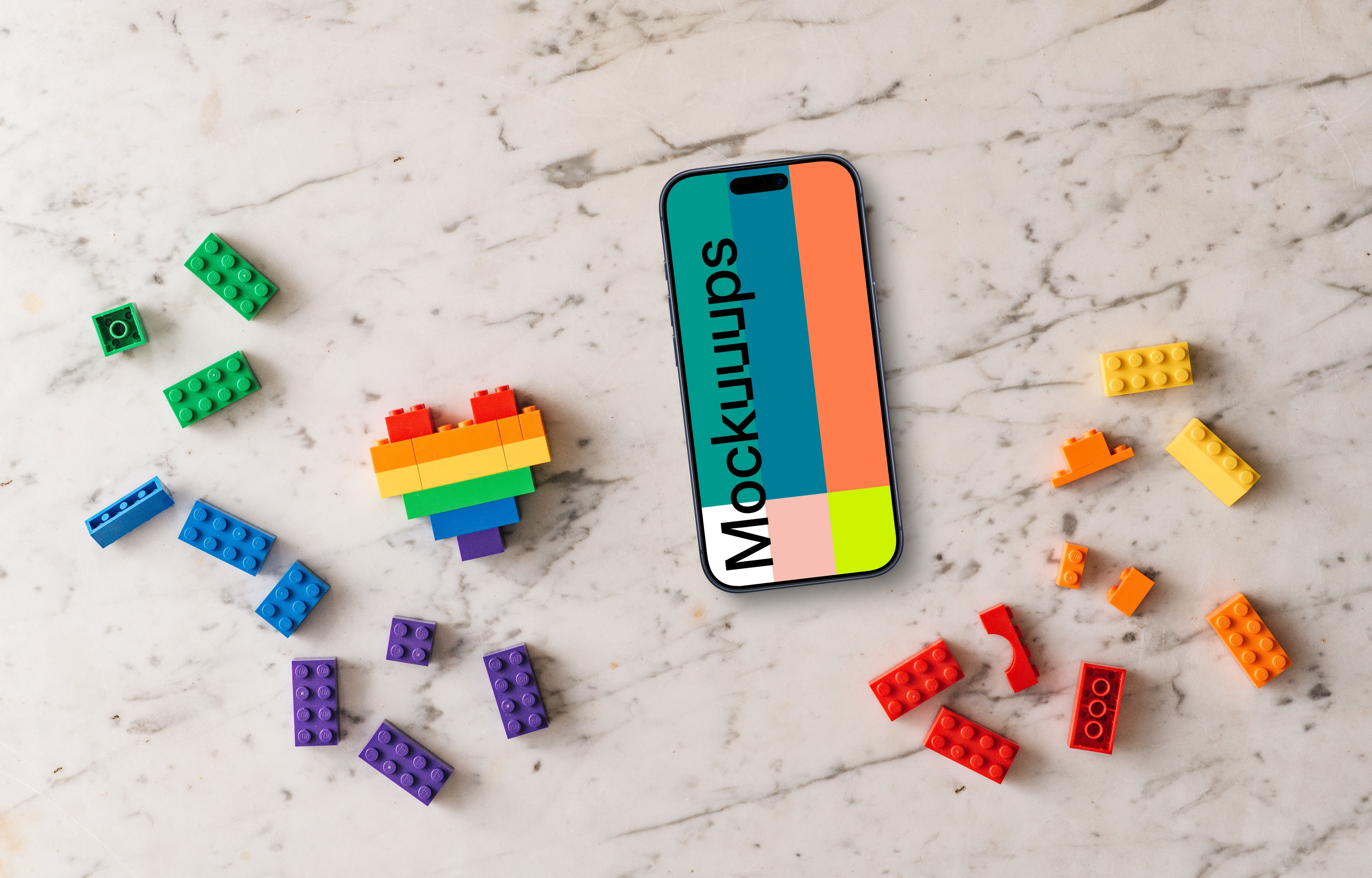Smartphone mockup with rainbow colored toy bricks