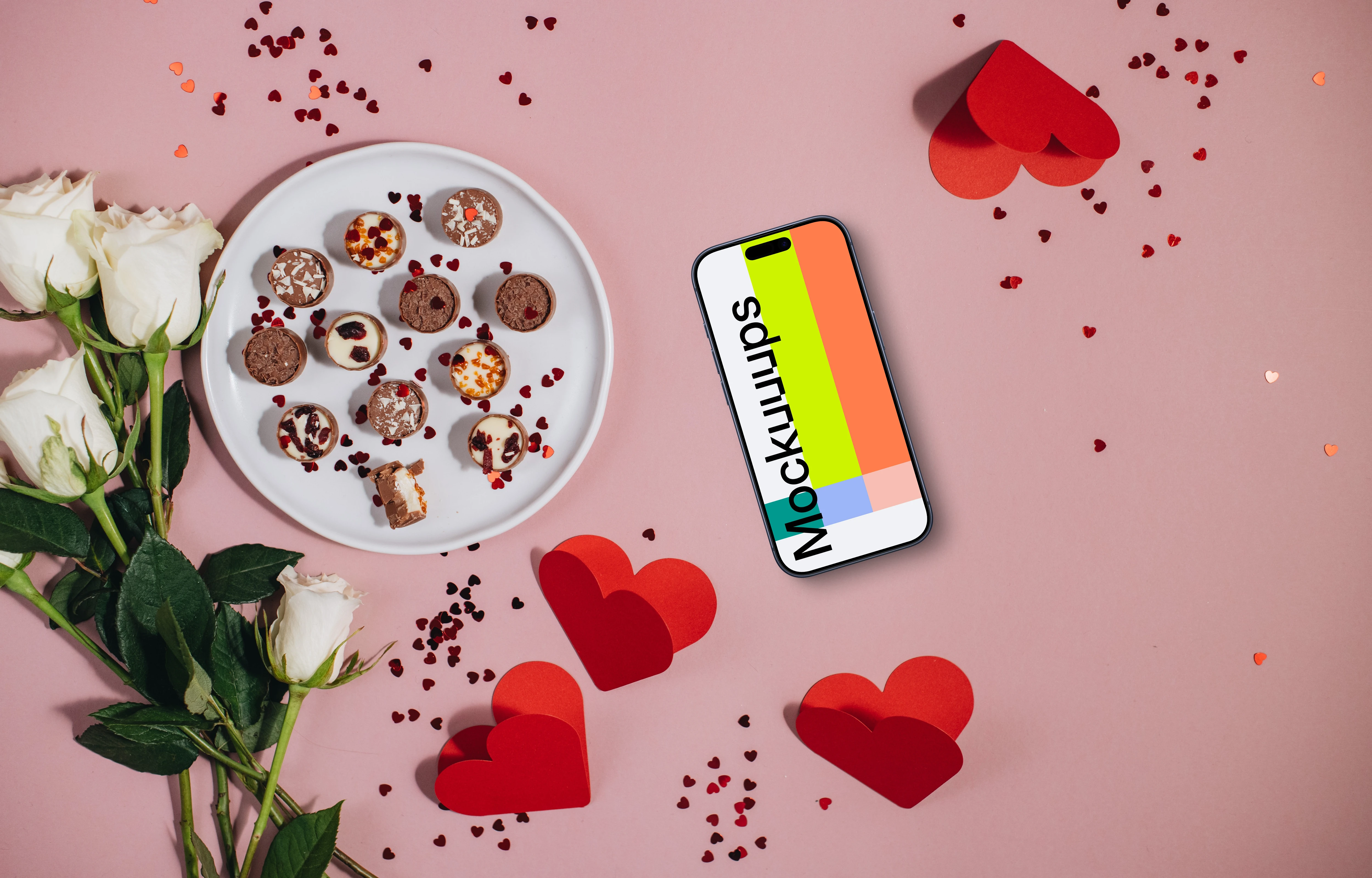 Smartphone mockup with Valentine’s Day background