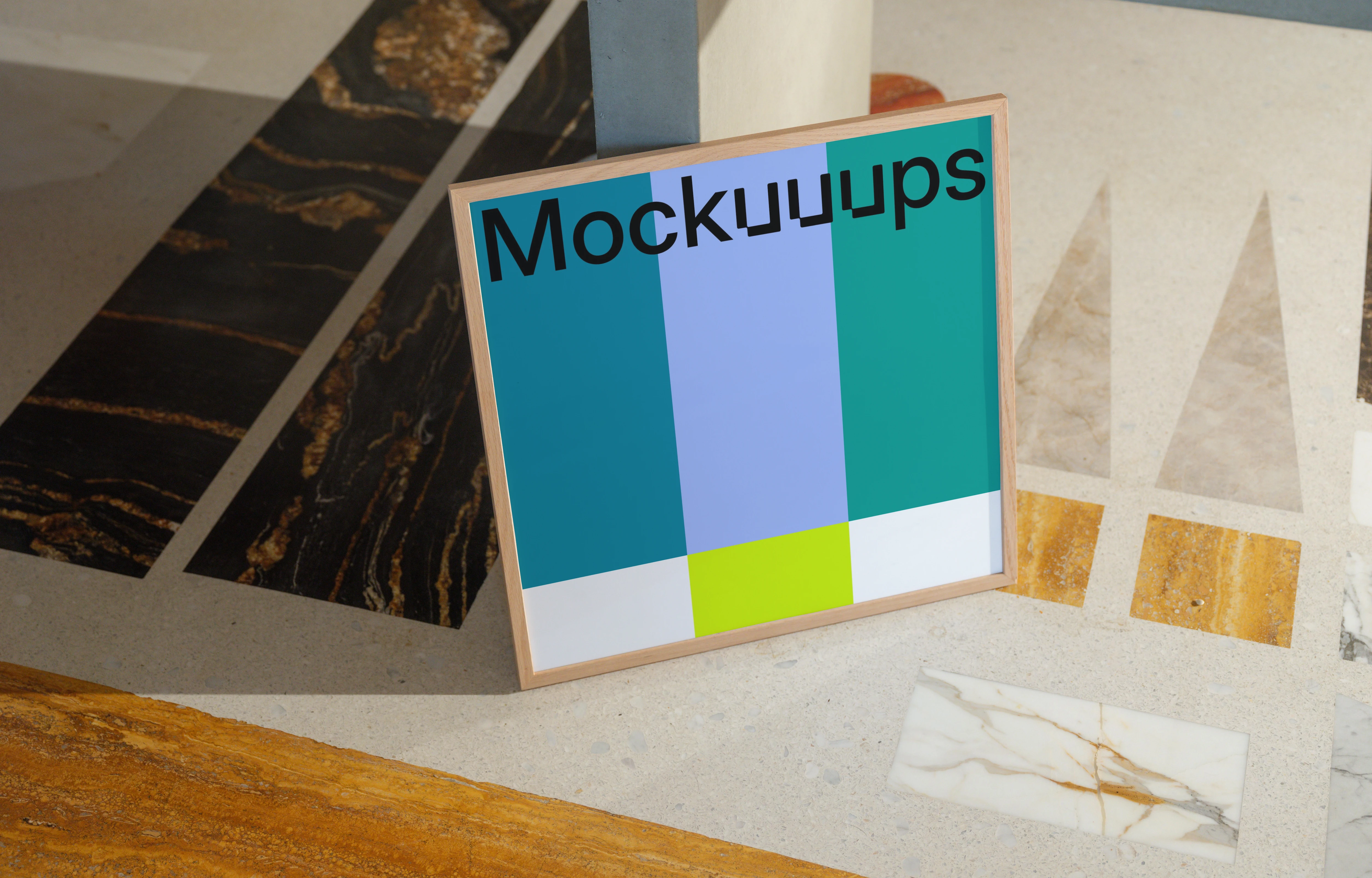 Square mockup of a wooden frame on a geometric surface
