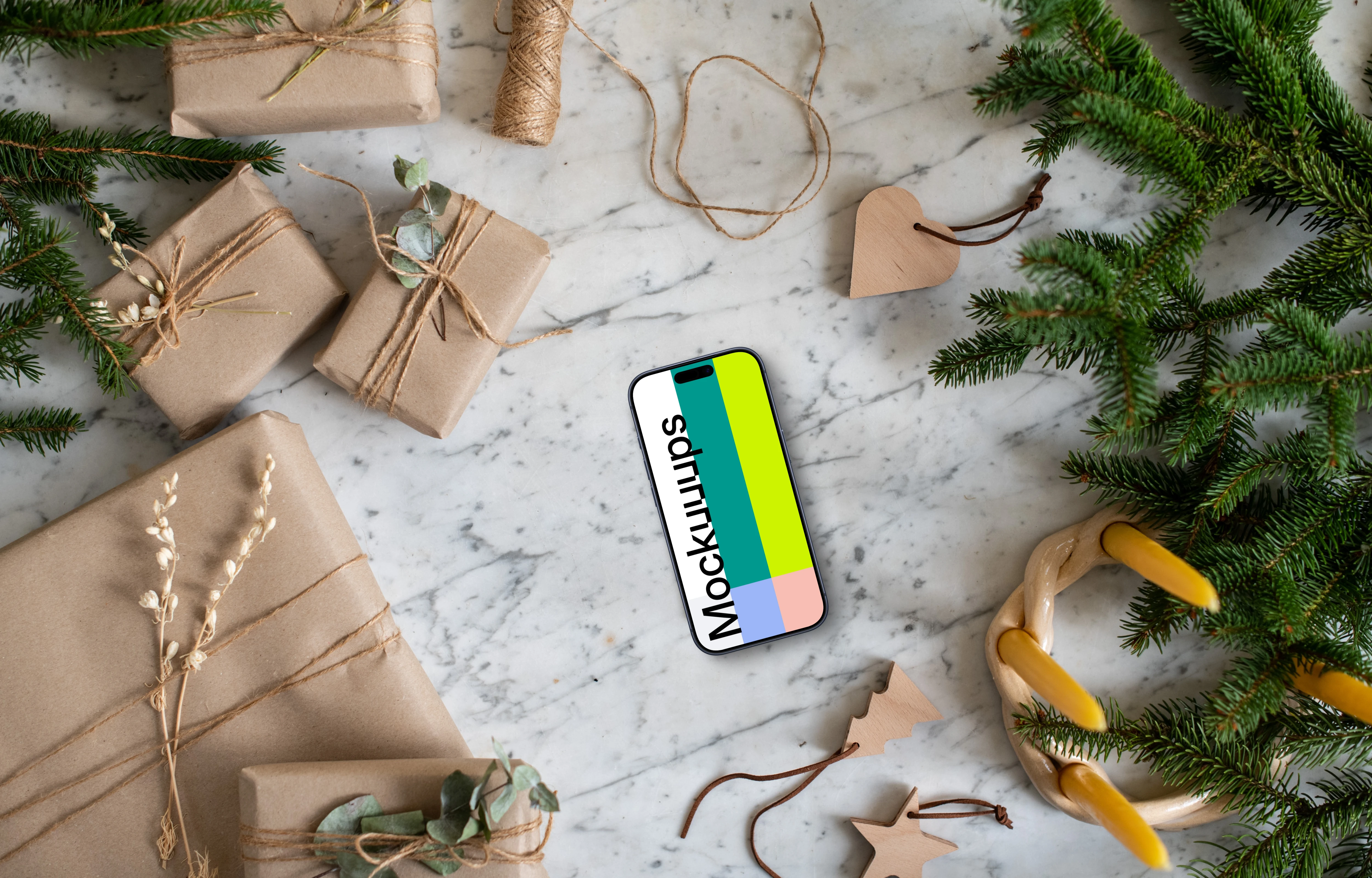 Smartphone mockup with christmas decoration