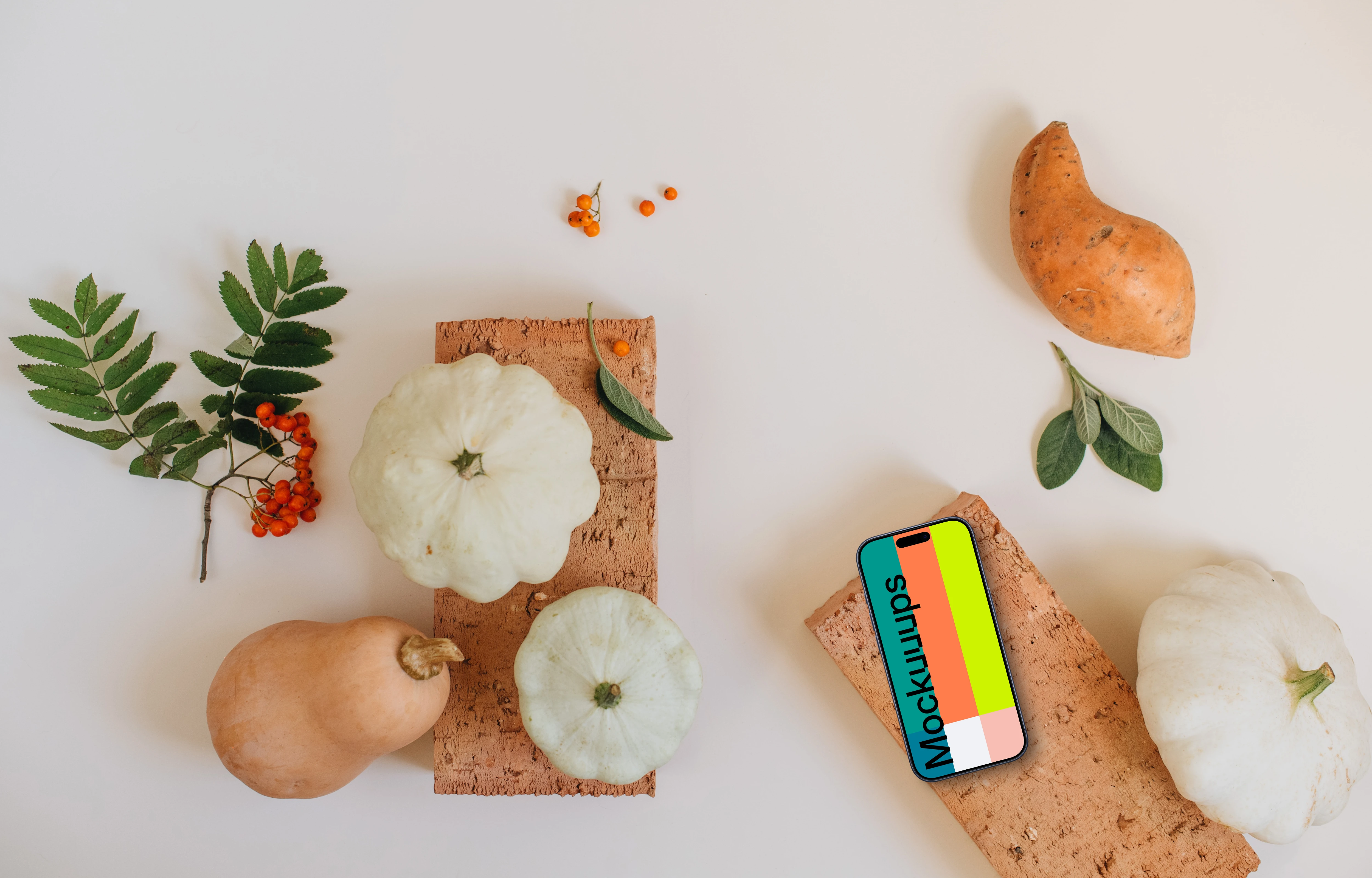 Top view of smartphone mockup on the brick