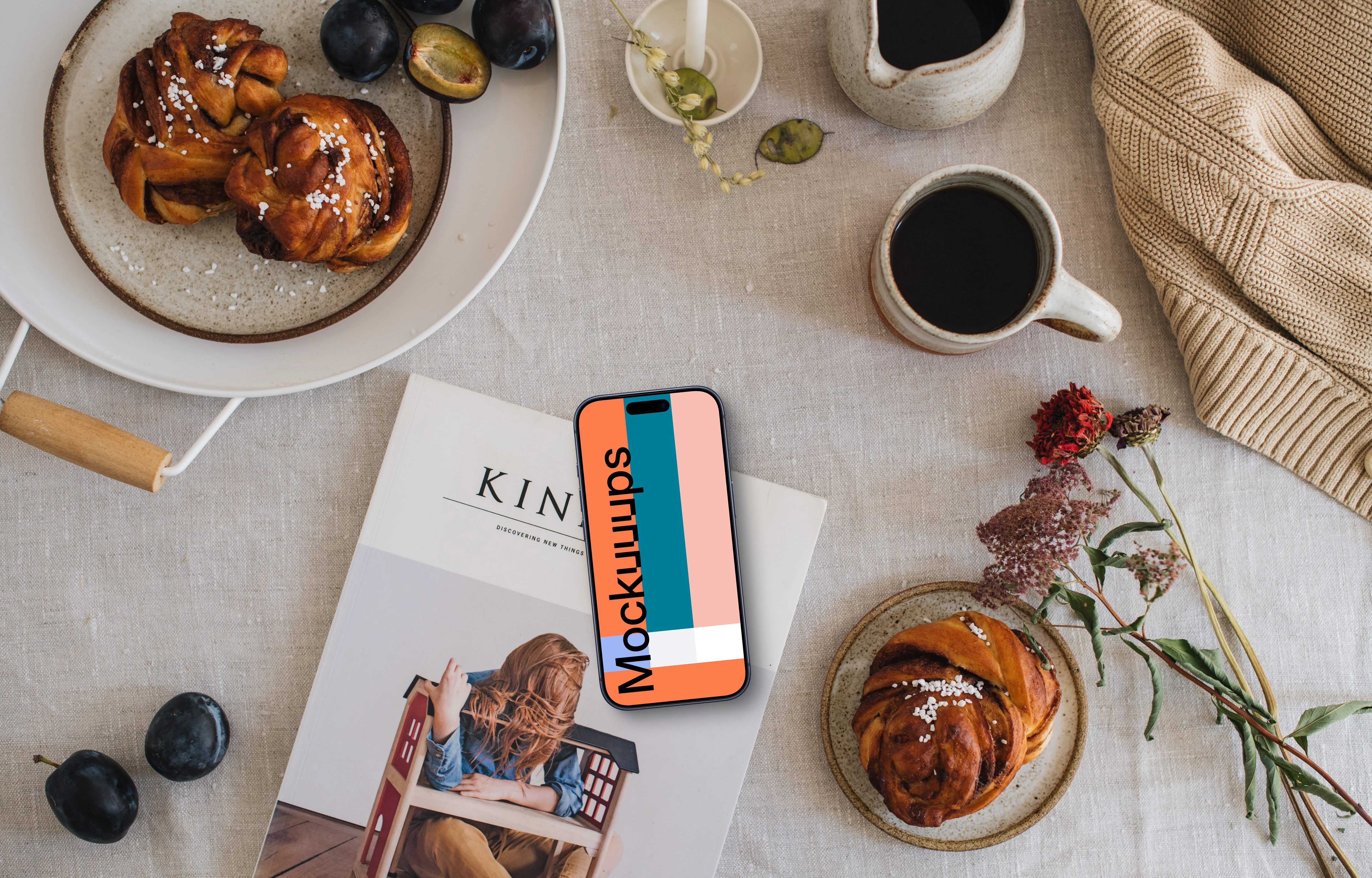 Top view of smartphone mockup on the dinning table