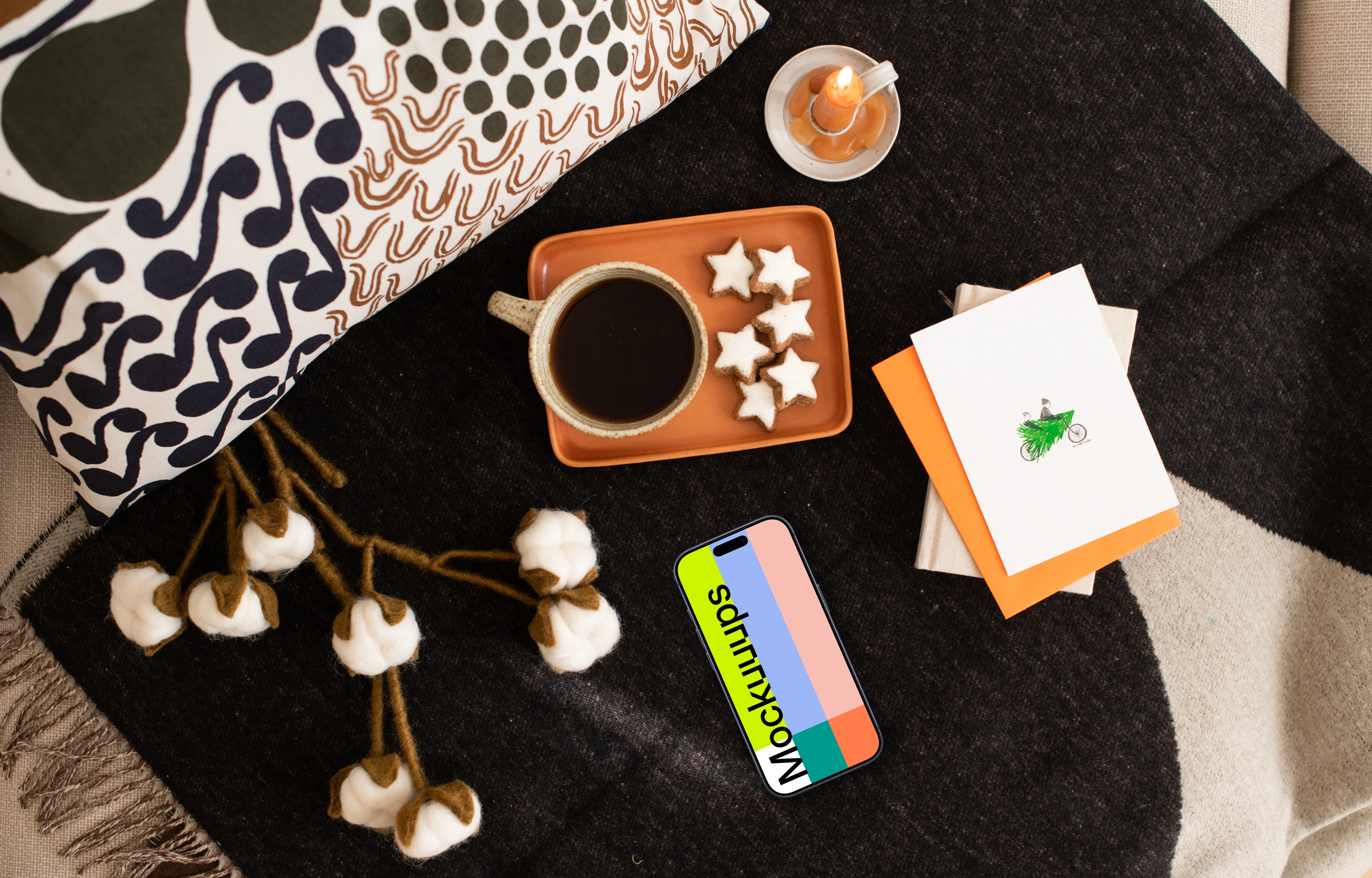 Top view of smartphone mockup with Xmas design