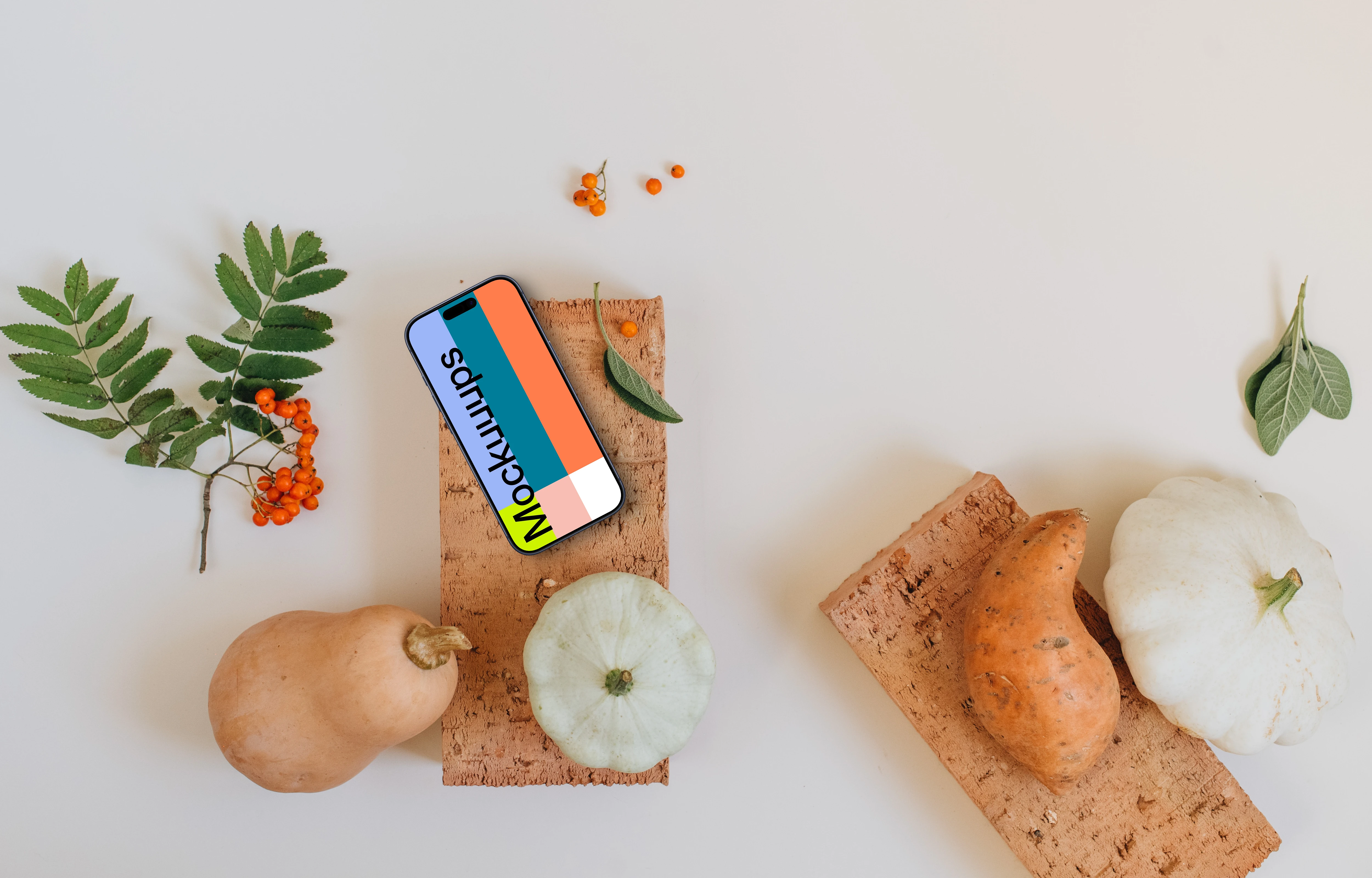 Smartphone mockup with vegetables on the side