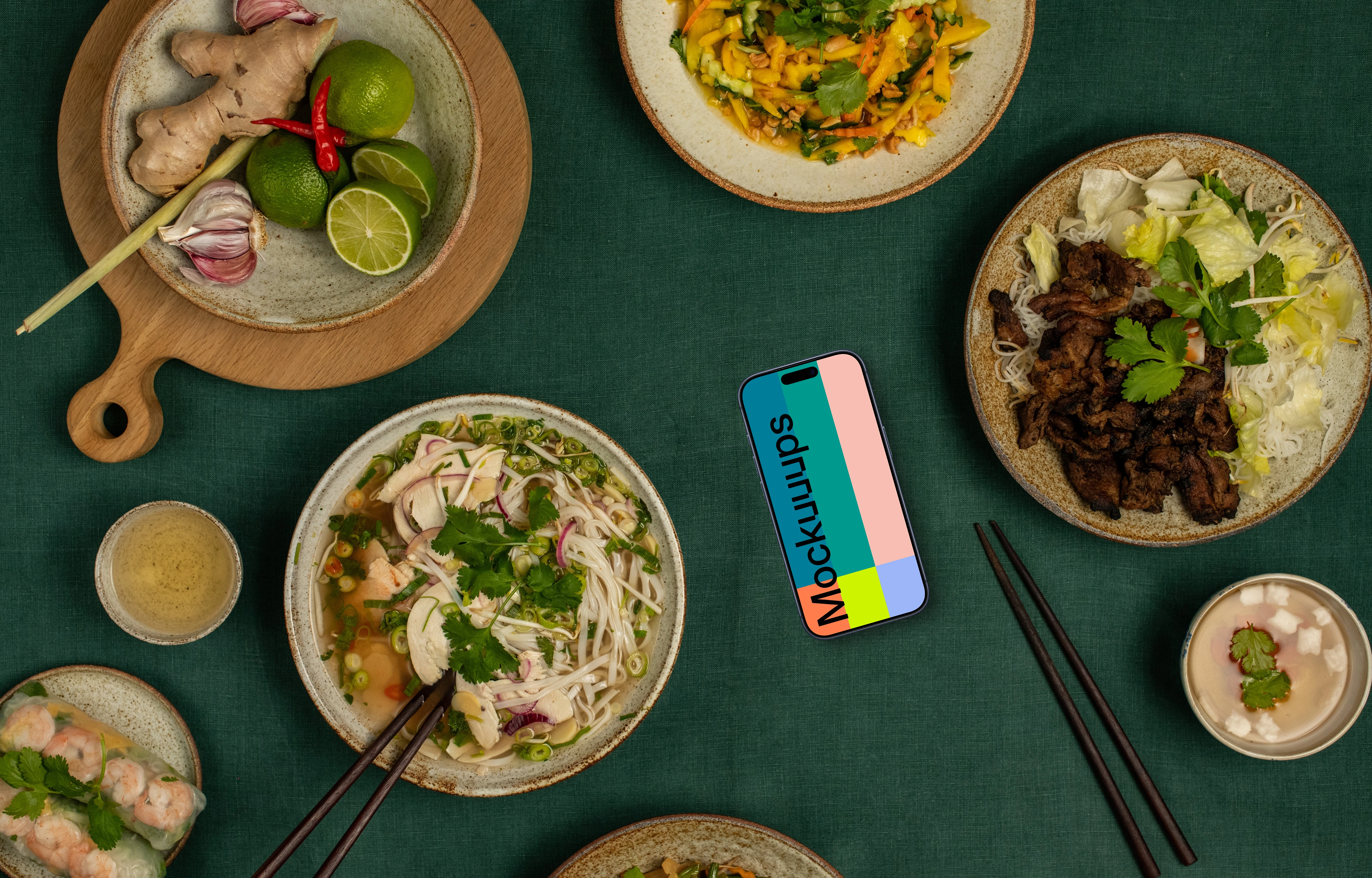 Smartphone mockup with vietnamese food