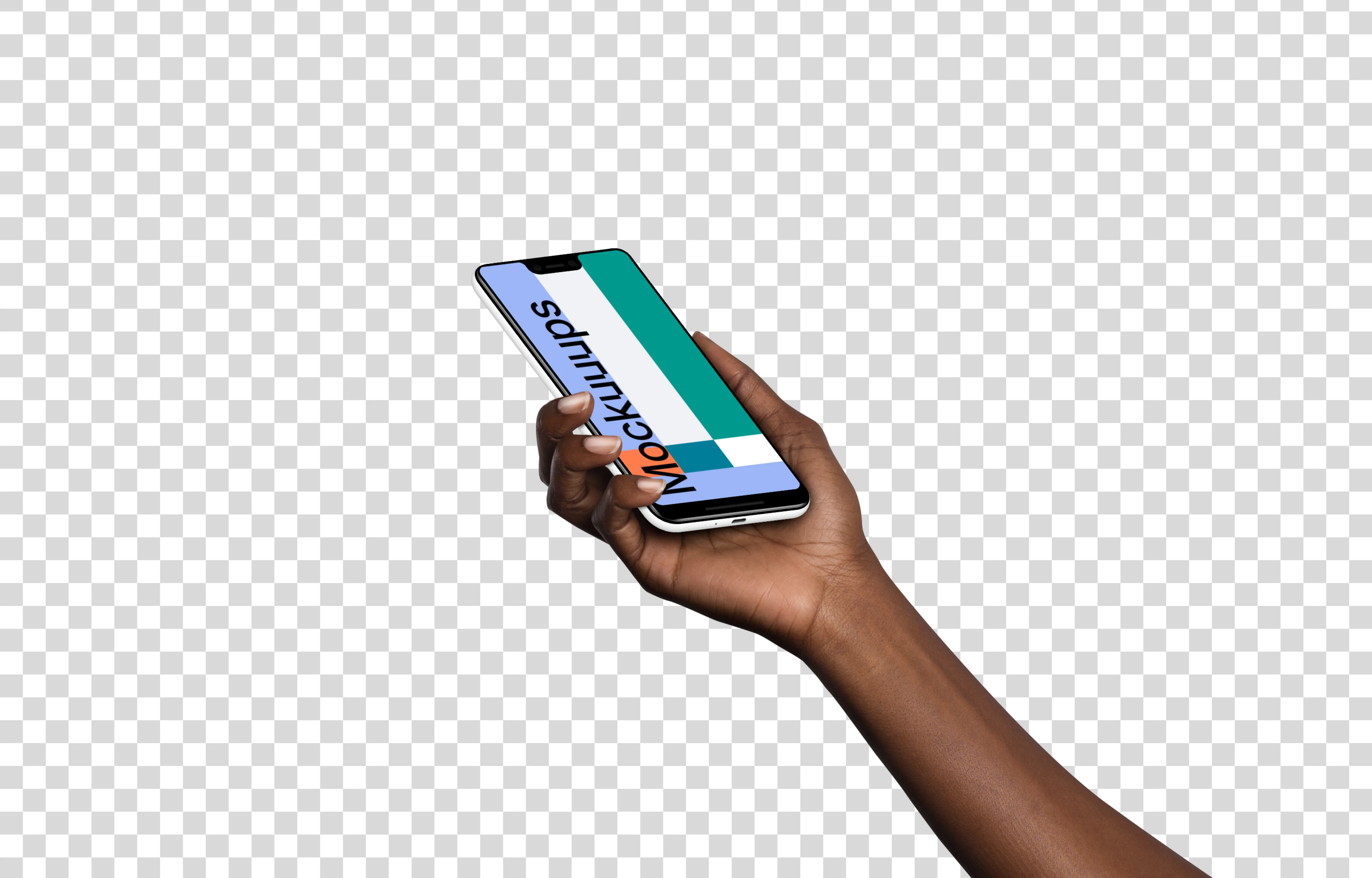 Woman holding Google Pixel 3 XL mockup (Perspective - Transparent)