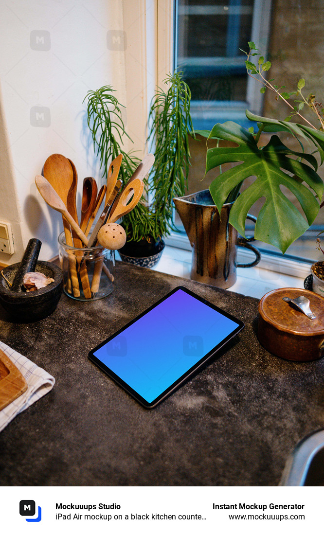 iPad Air mockup on a black kitchen countertop