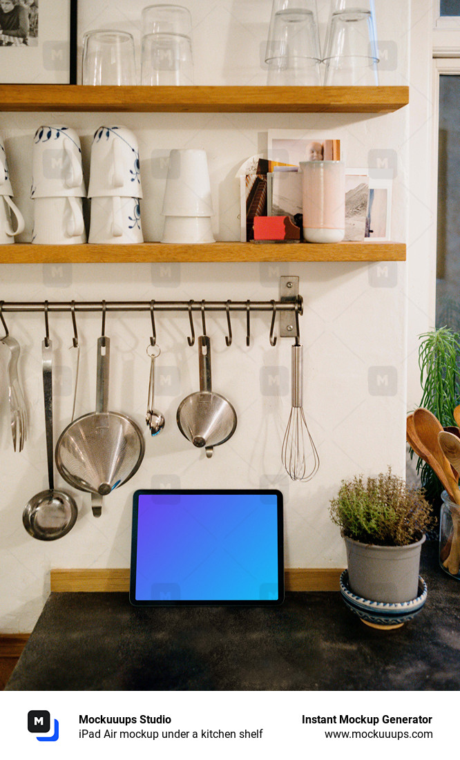 iPad Air mockup under a kitchen shelf