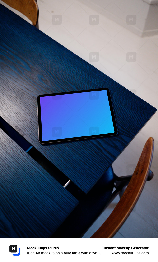 iPad Air mockup on a blue table with a white background