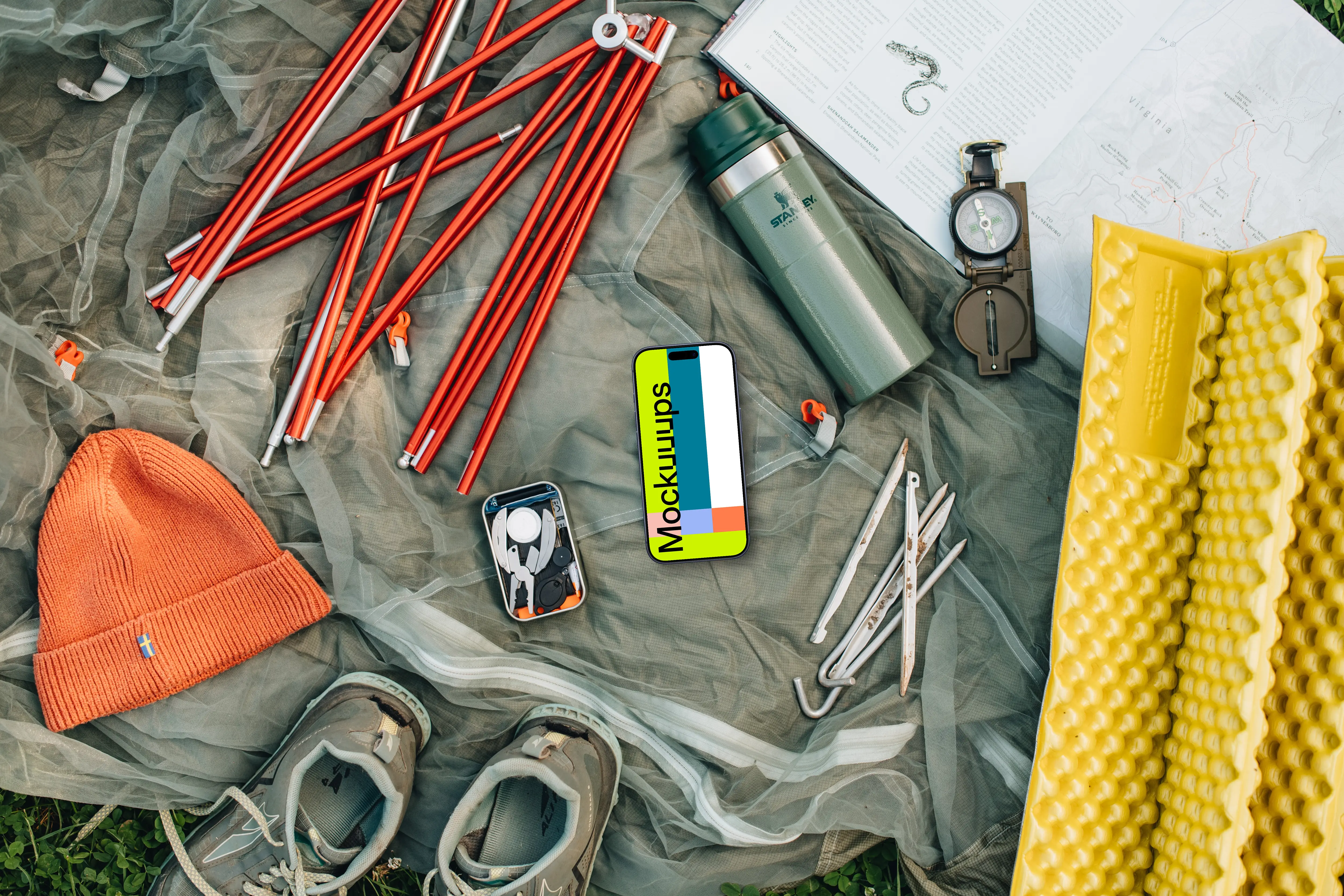 Camping grounds with a smartphone mockup