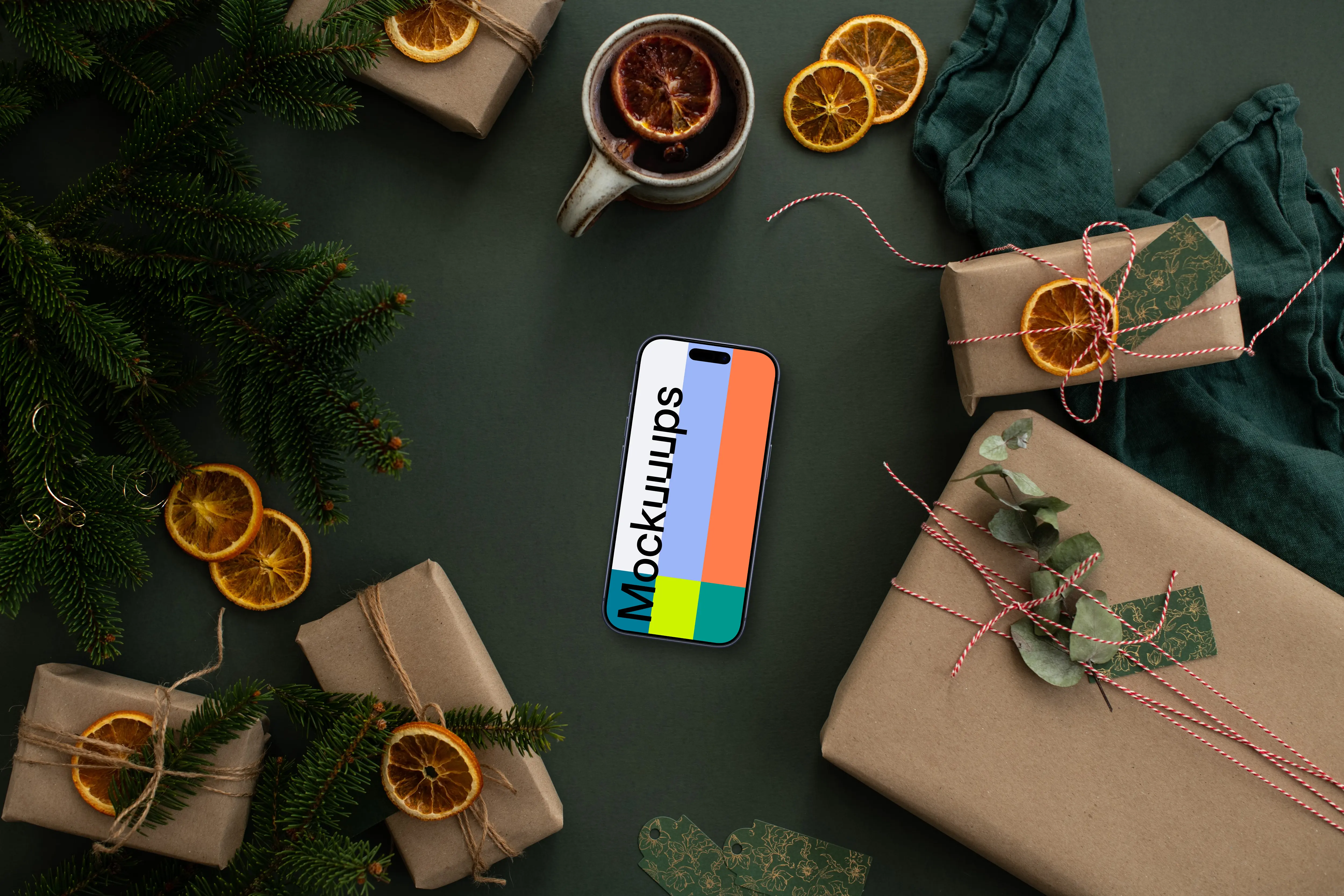 Christmas gifts and smartphone mockup