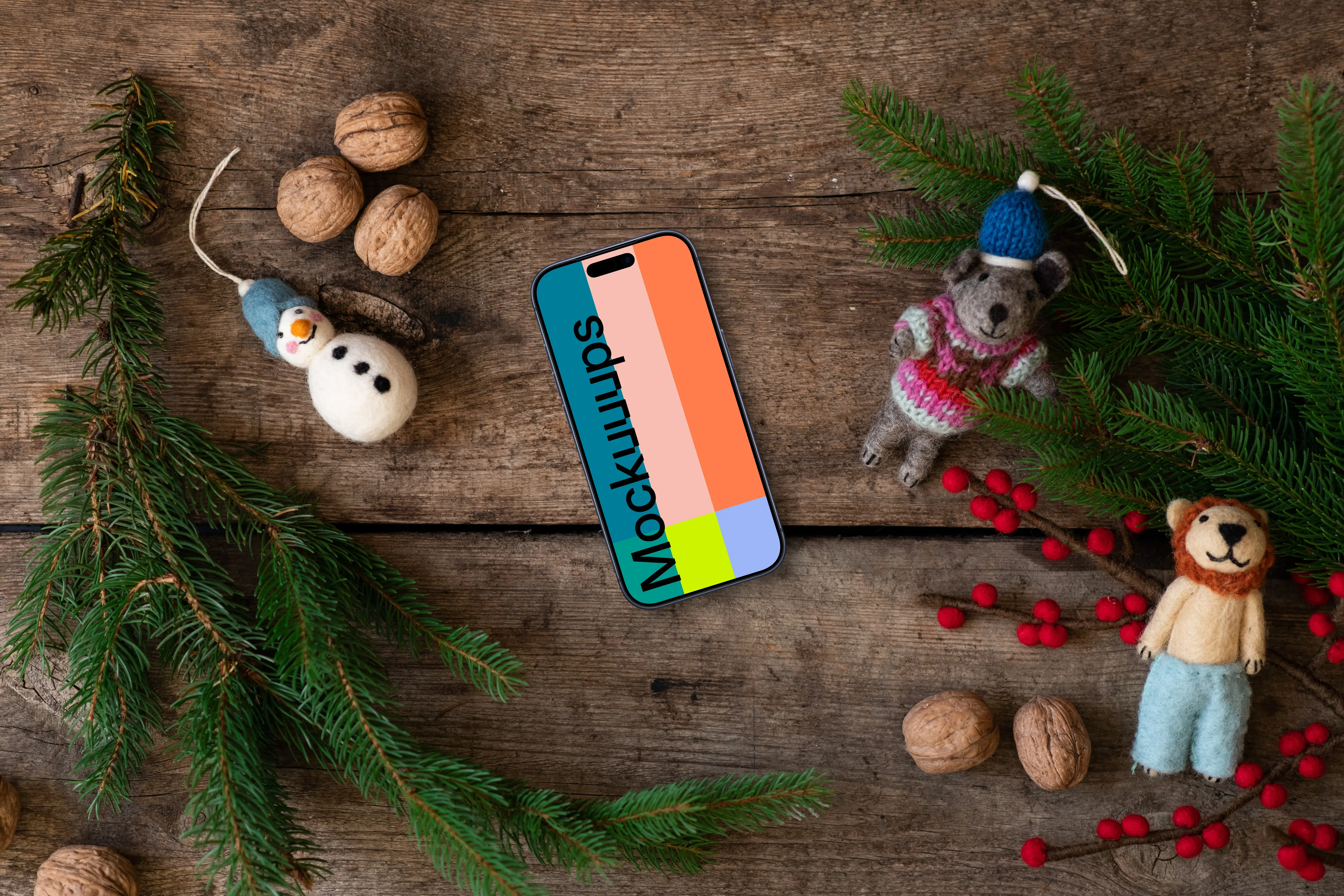 Christmas mockup with a smartphone and decorations