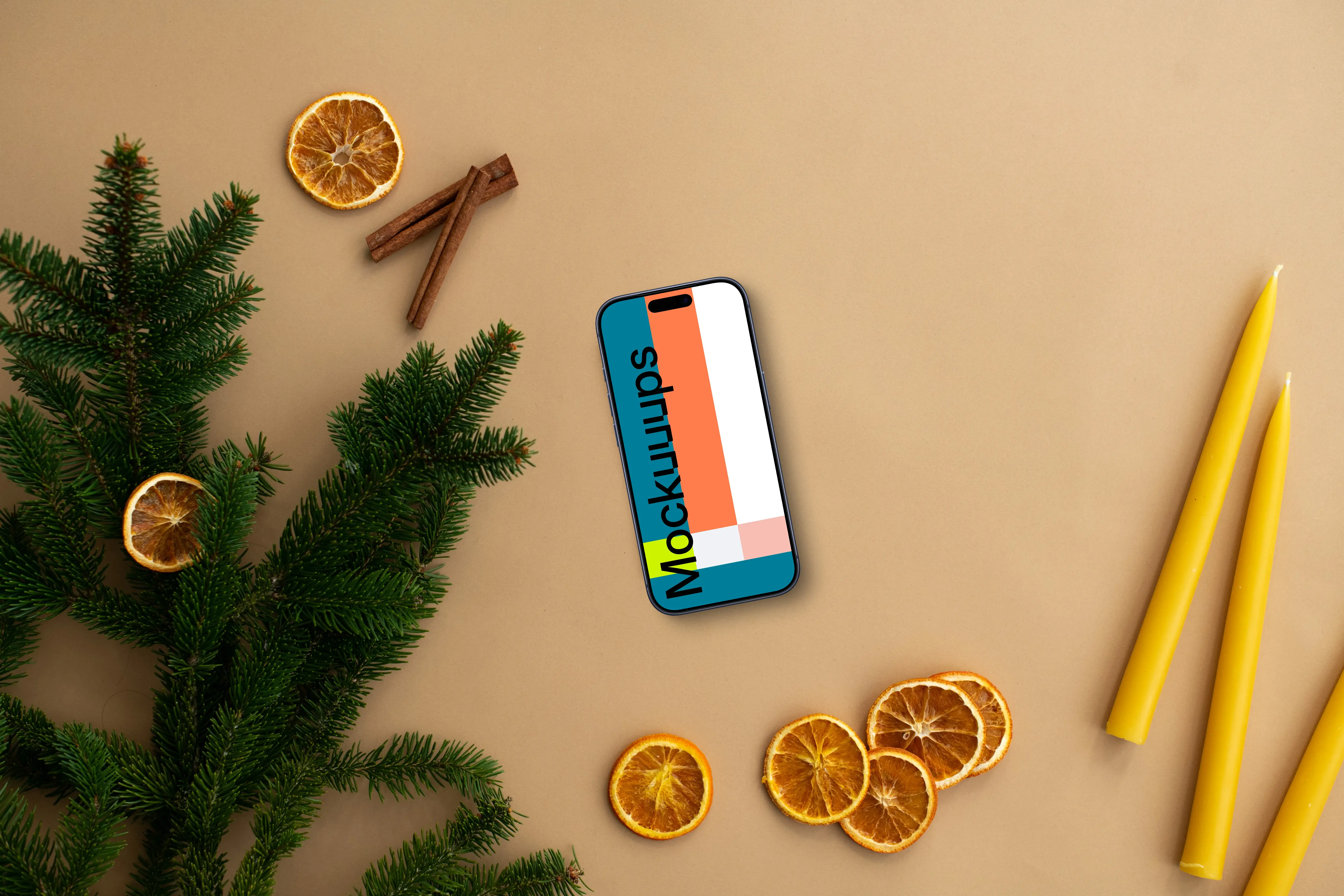 Christmas phone mockup on beige background