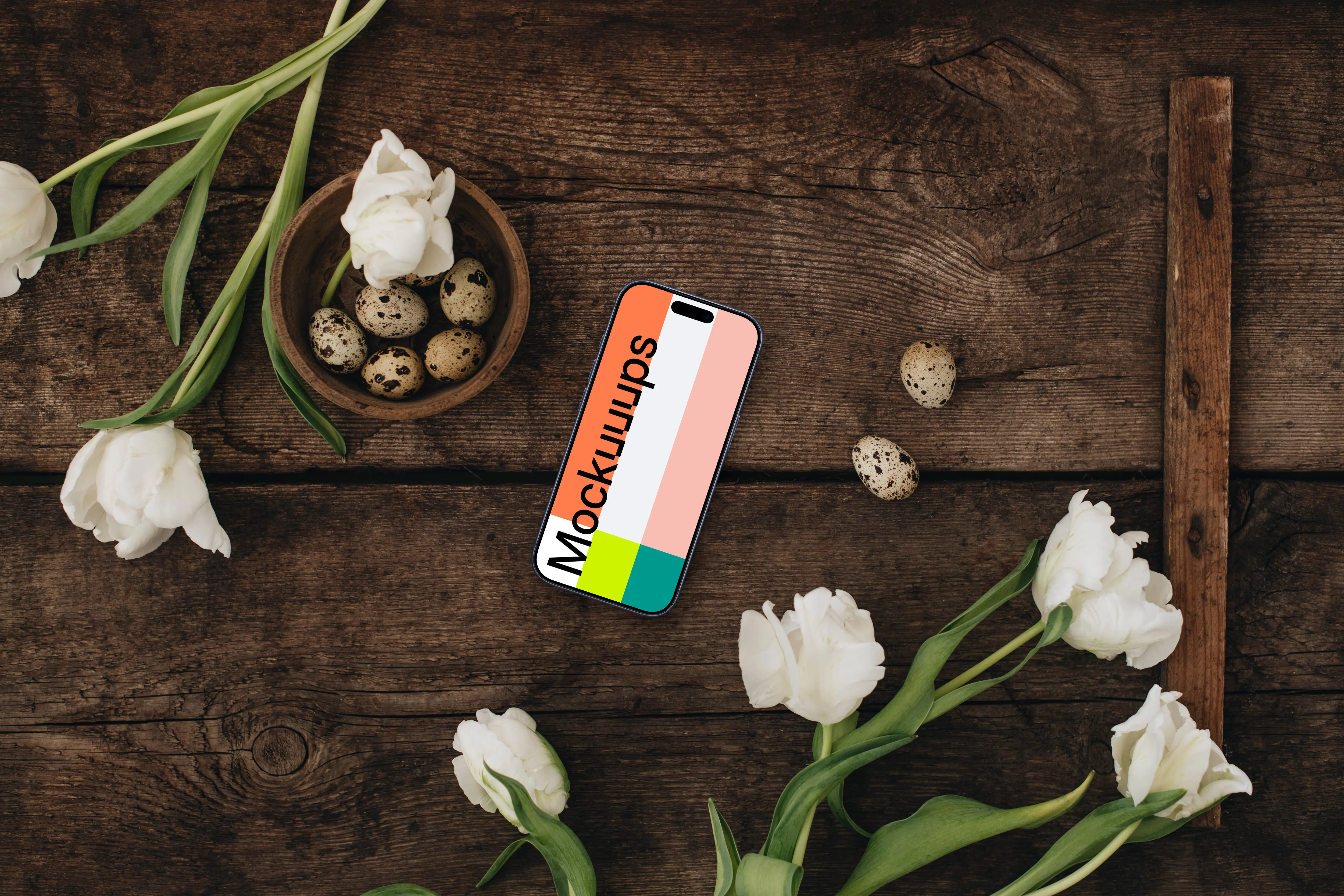 Easter smartphone mockup with white tulips