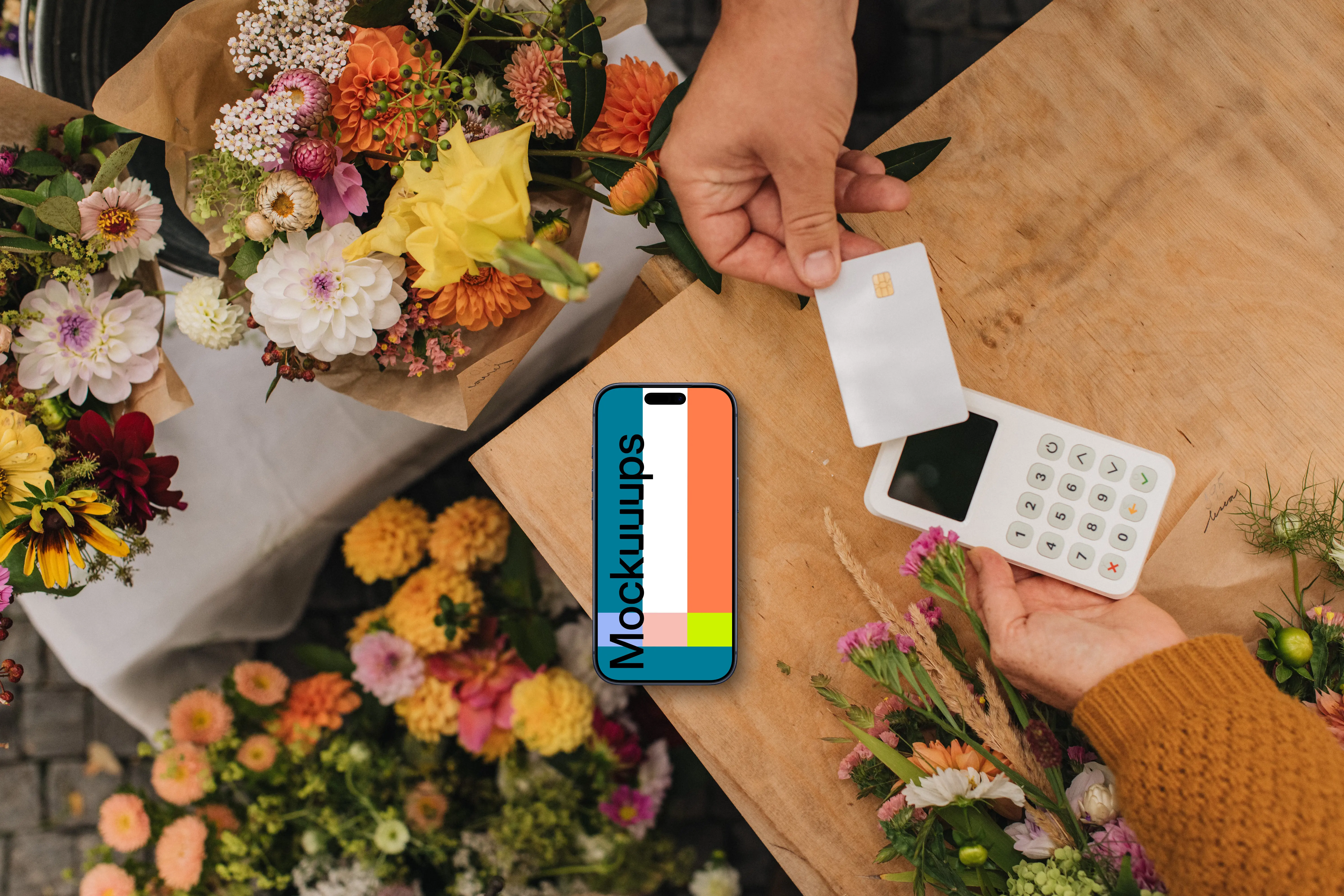 Flower shop interior with an iPhone mockup and contactless payment