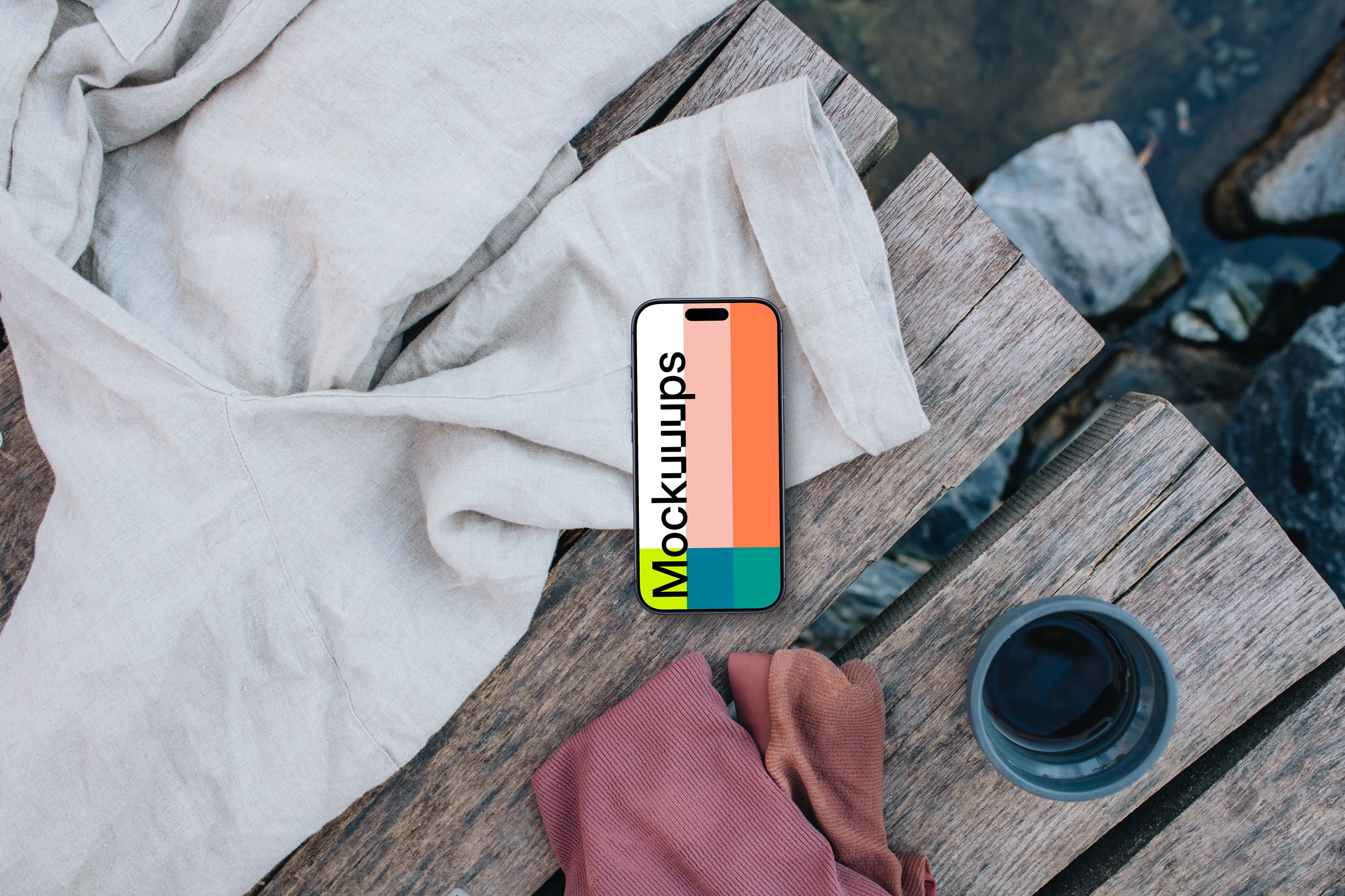 iPhone mockup and swimming in nature scene