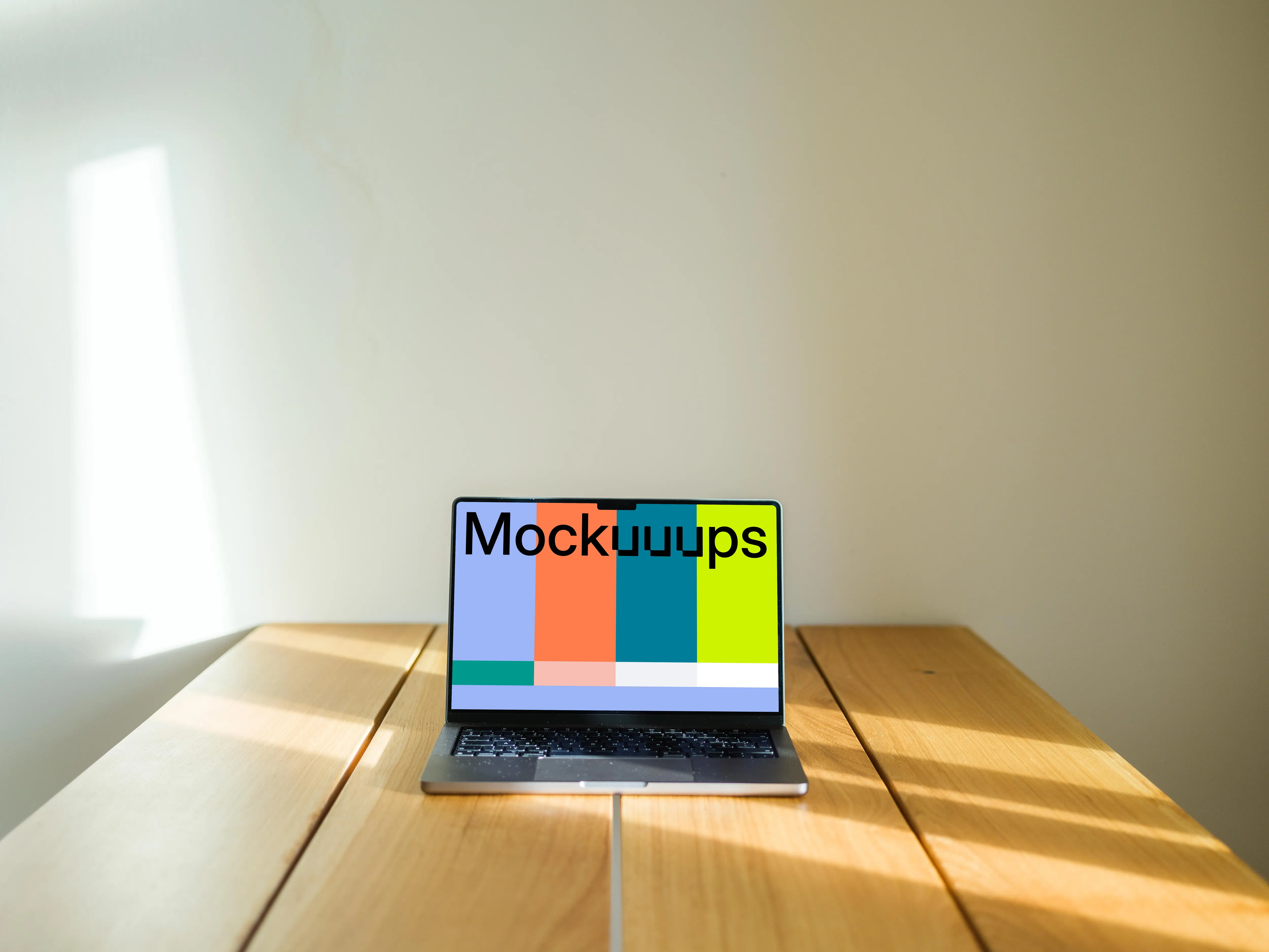 MacBook Pro mockup on a wooden table against a white background