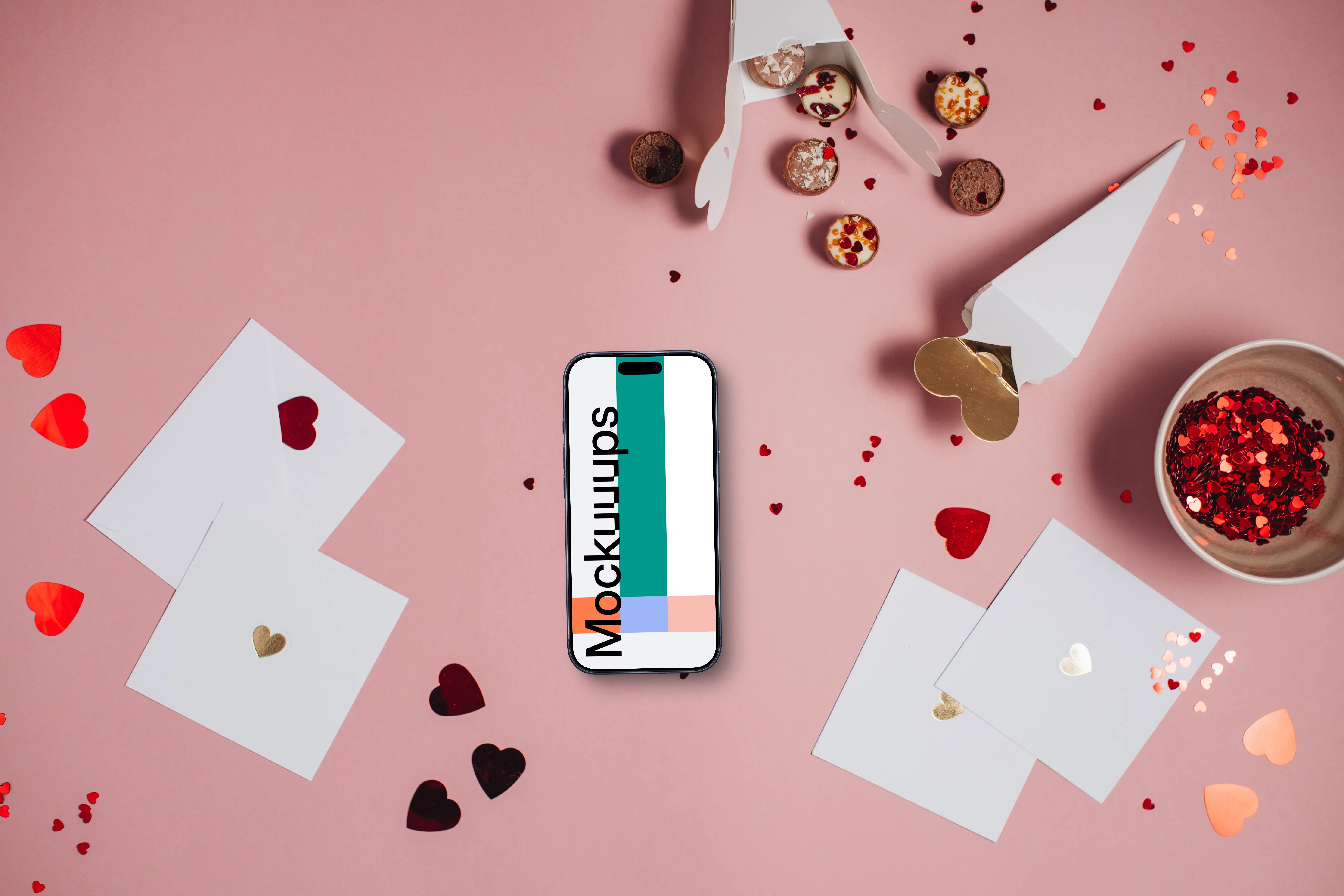 Phone mockup with Valentine’s Day background
