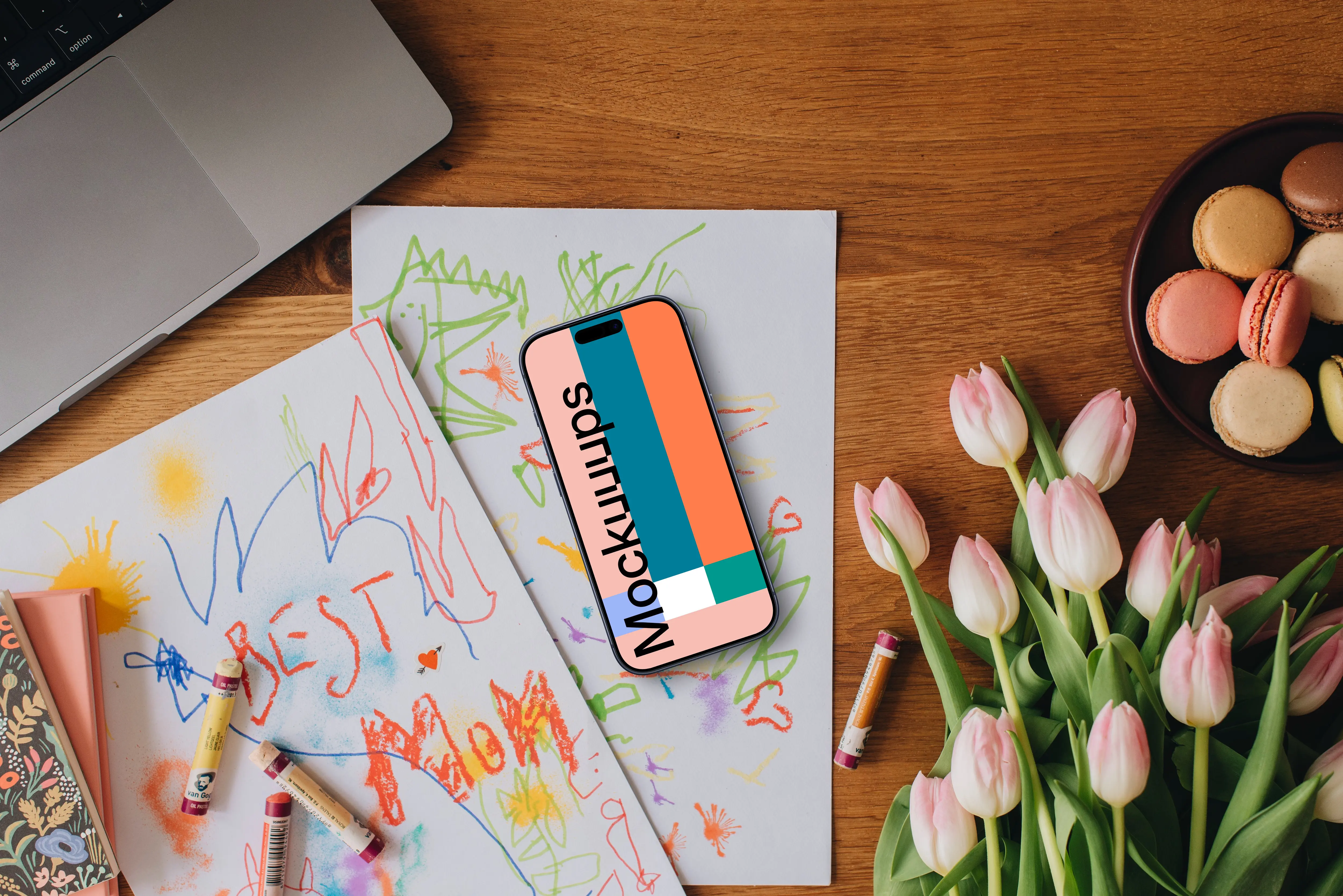 Phone placed on scratched papers for Mother's Day