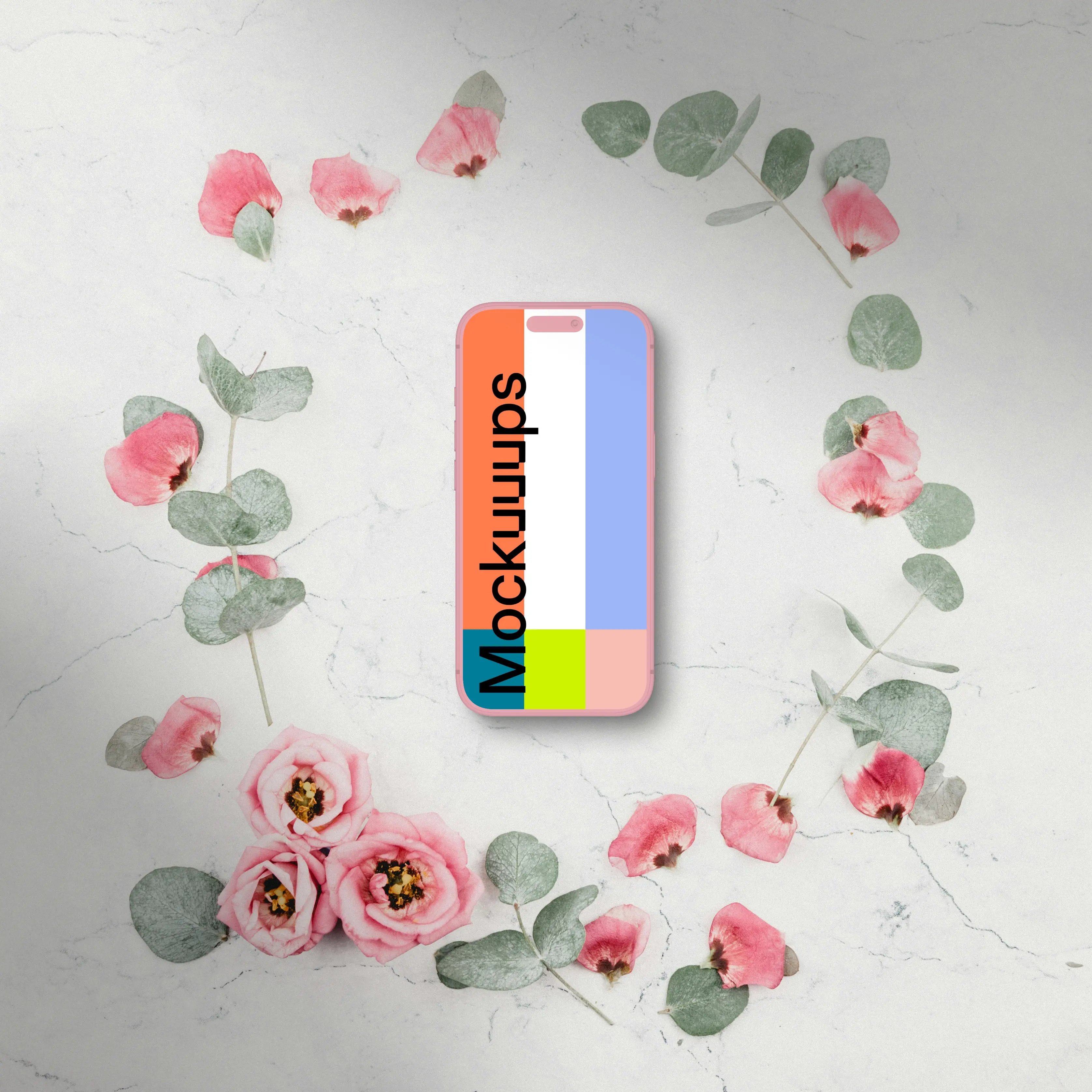 Pink Clay Smartphone mockup surrounded by flowers