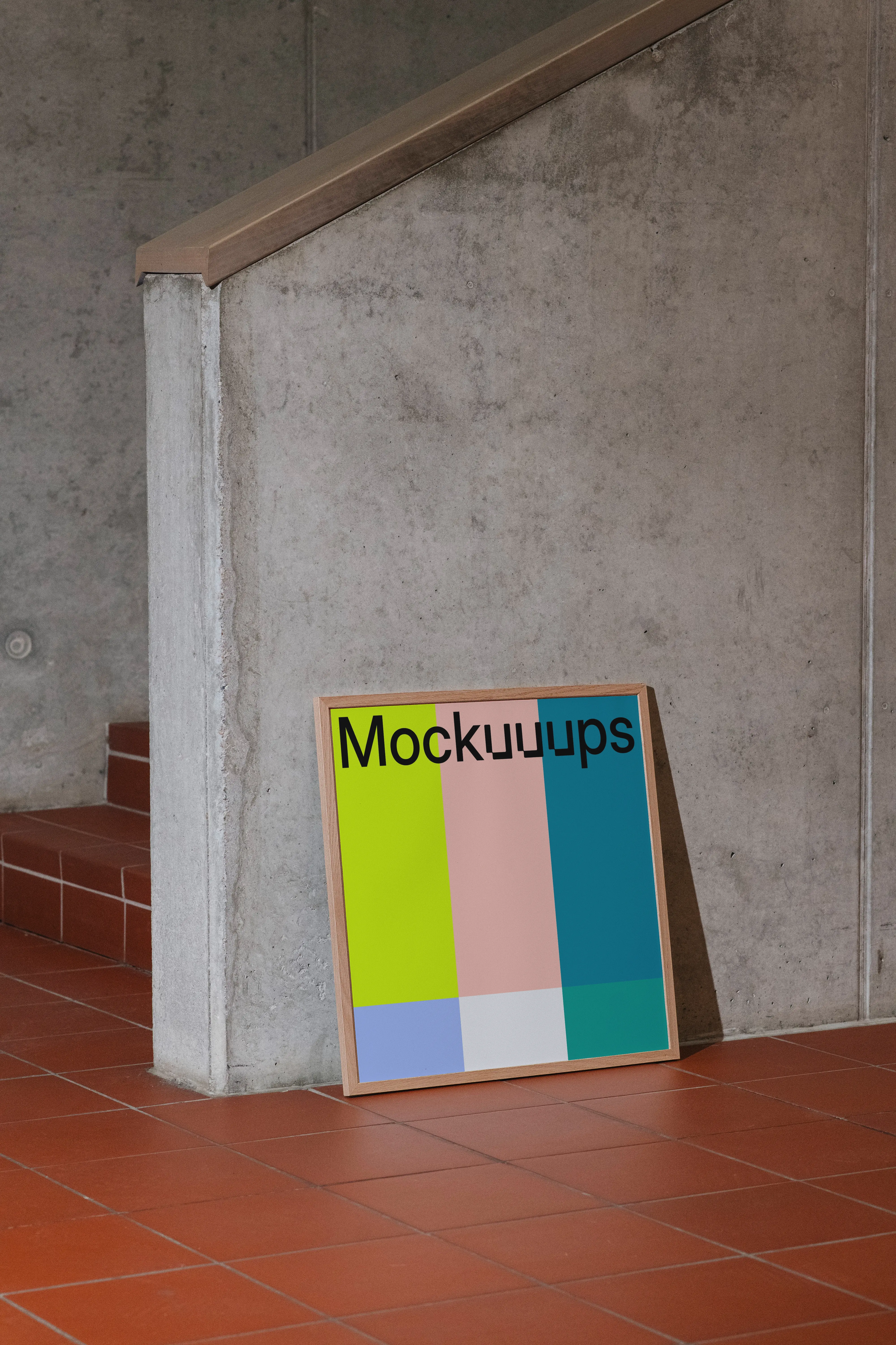 Poster mockup against a concrete wall with tiled floor