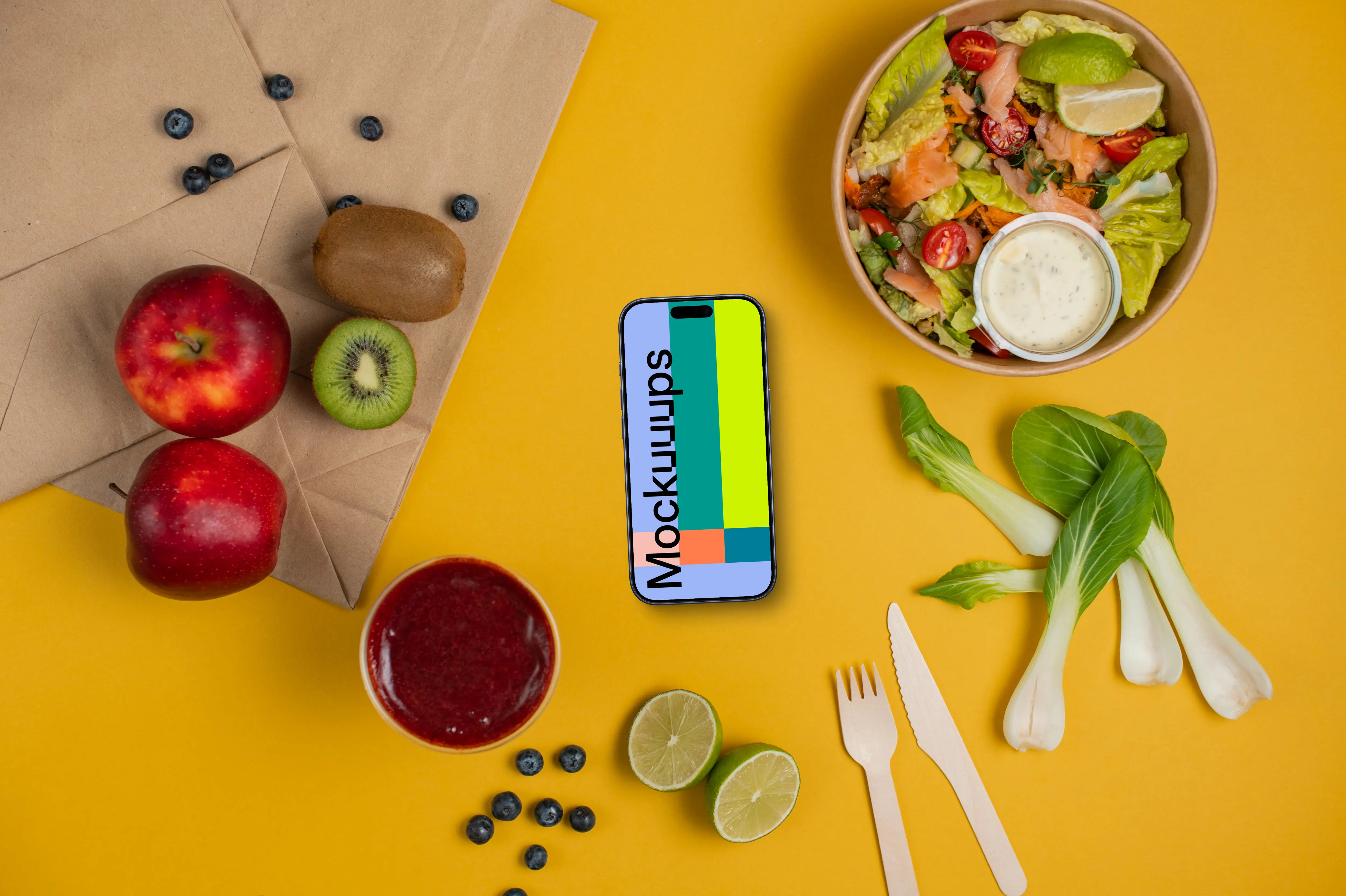 Smartphone mockup between fresh fruits and salad