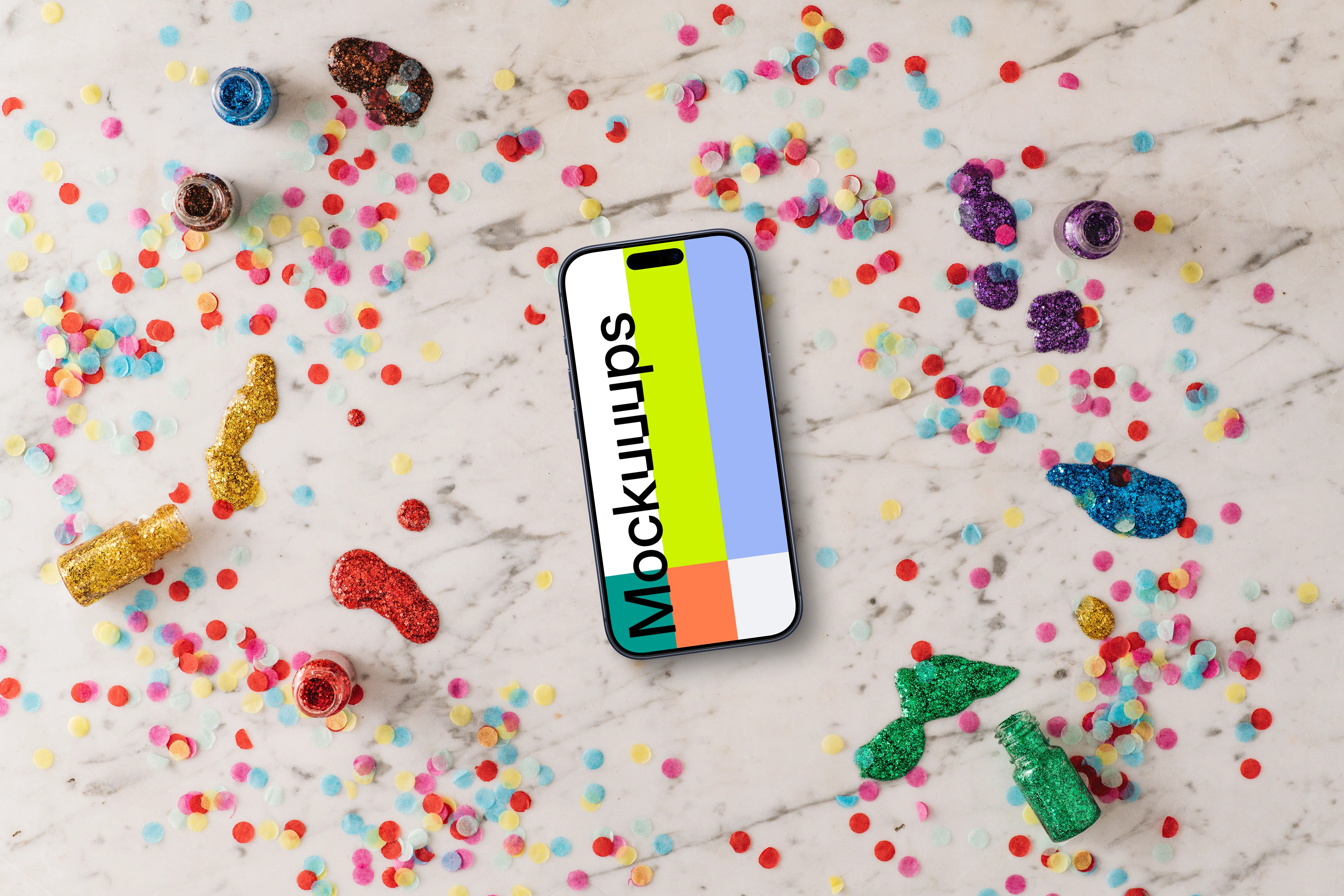 Smartphone mockup in a rainbow glitter scene