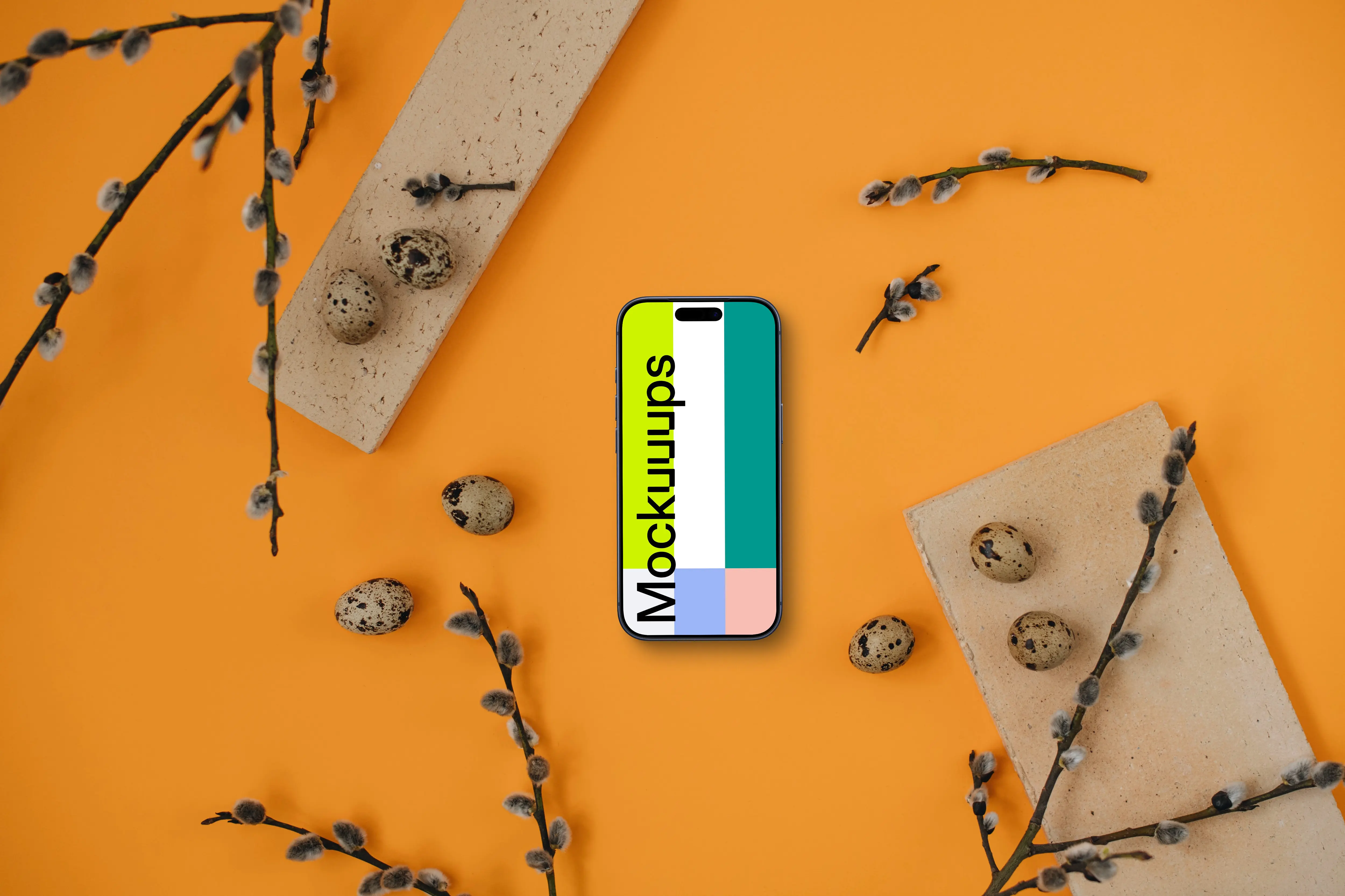 Smartphone mockup with Easter theme on an orange table