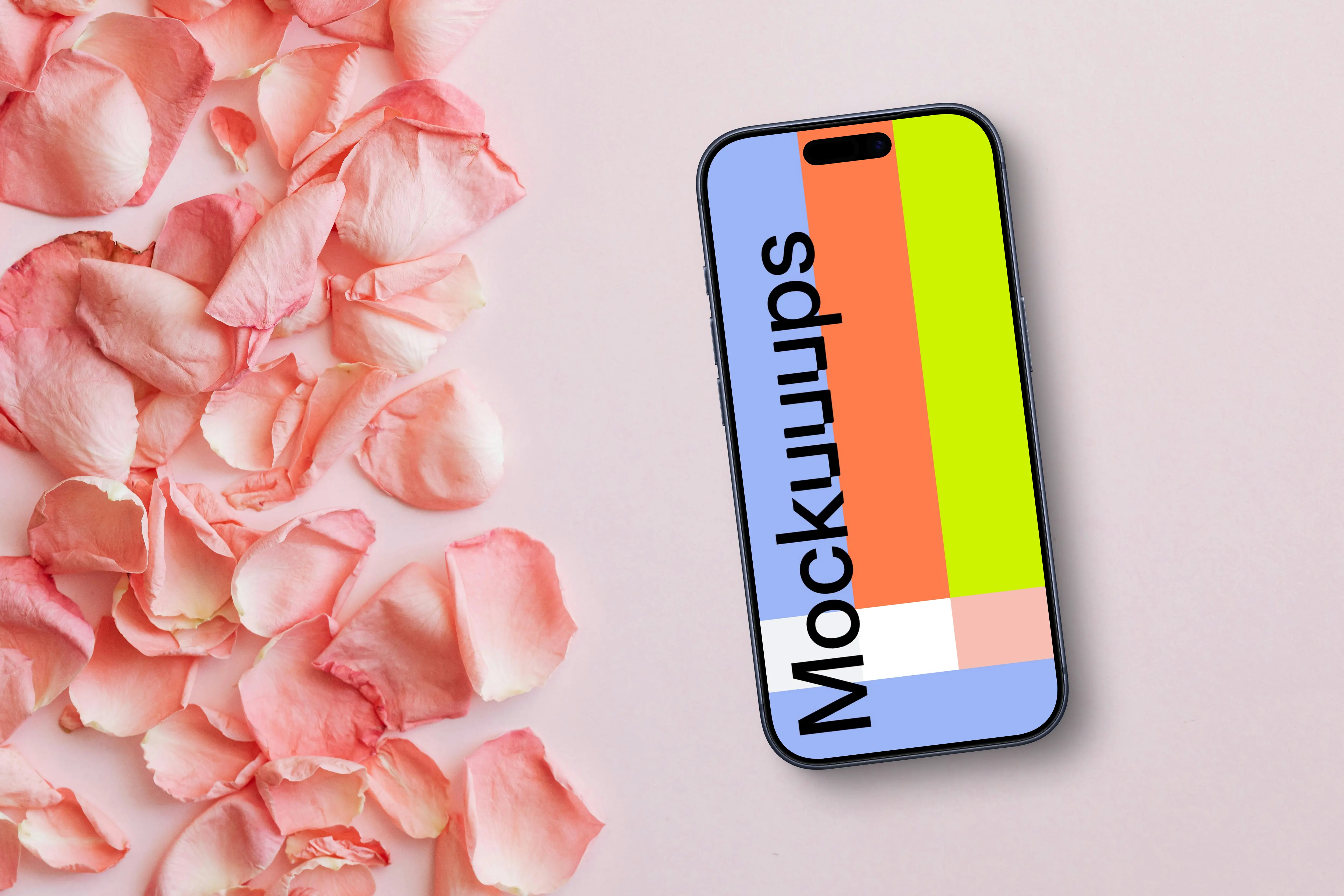 Smartphone mockup with pink rose petals
