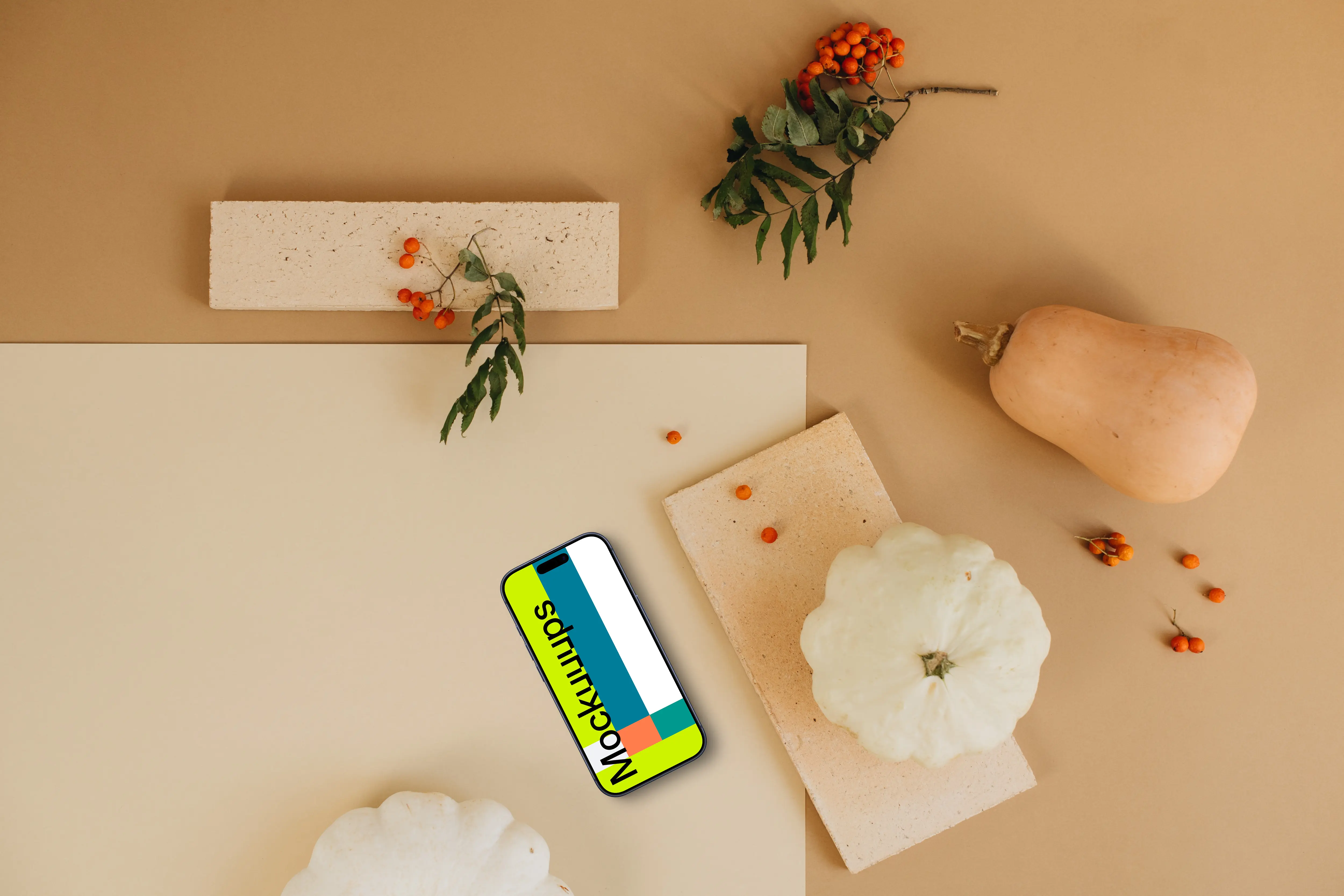 Top view of smartphone mockup with geometric bricks