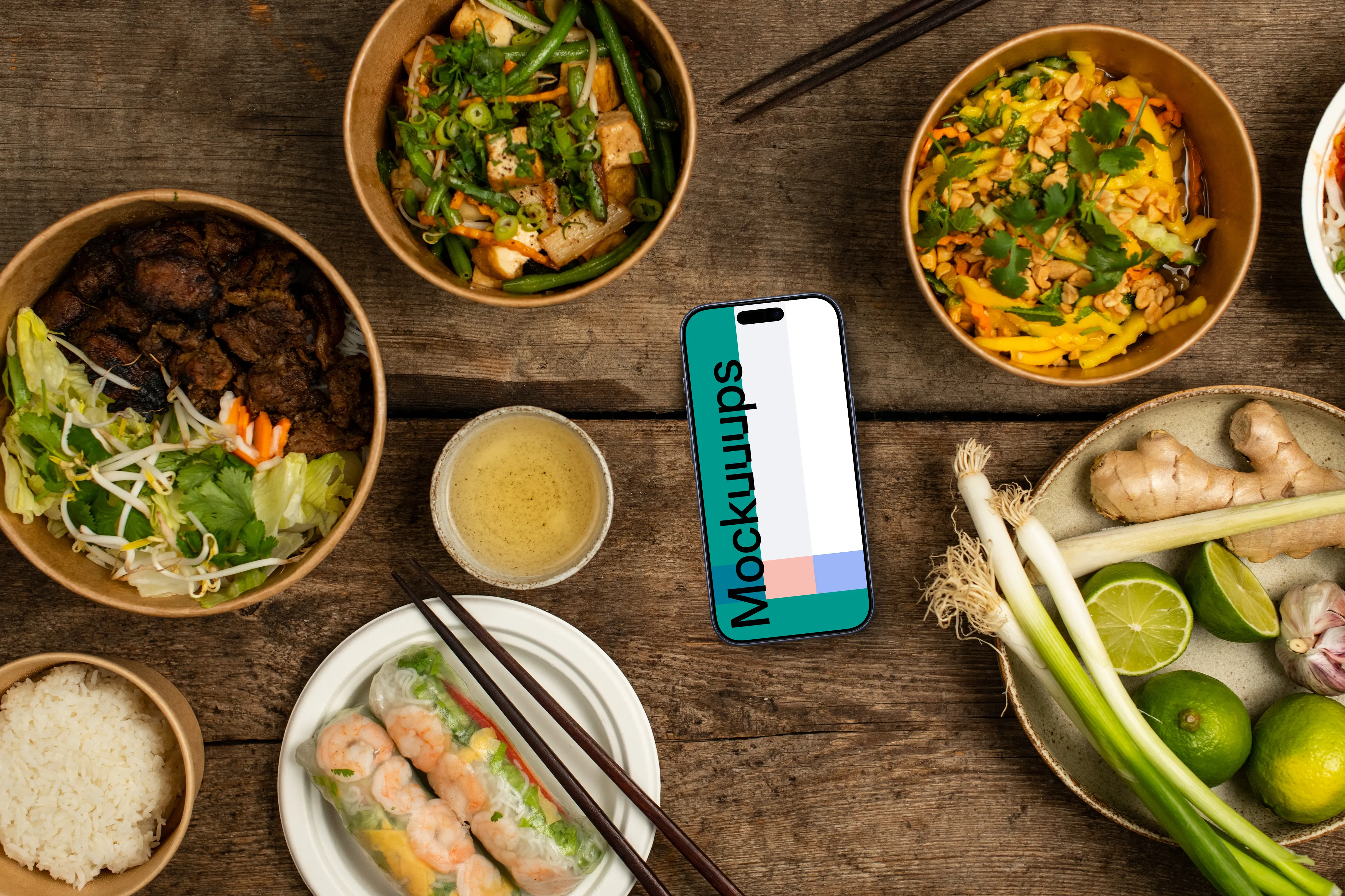 Vietnamese cuisine dishes around Smartphone mockup