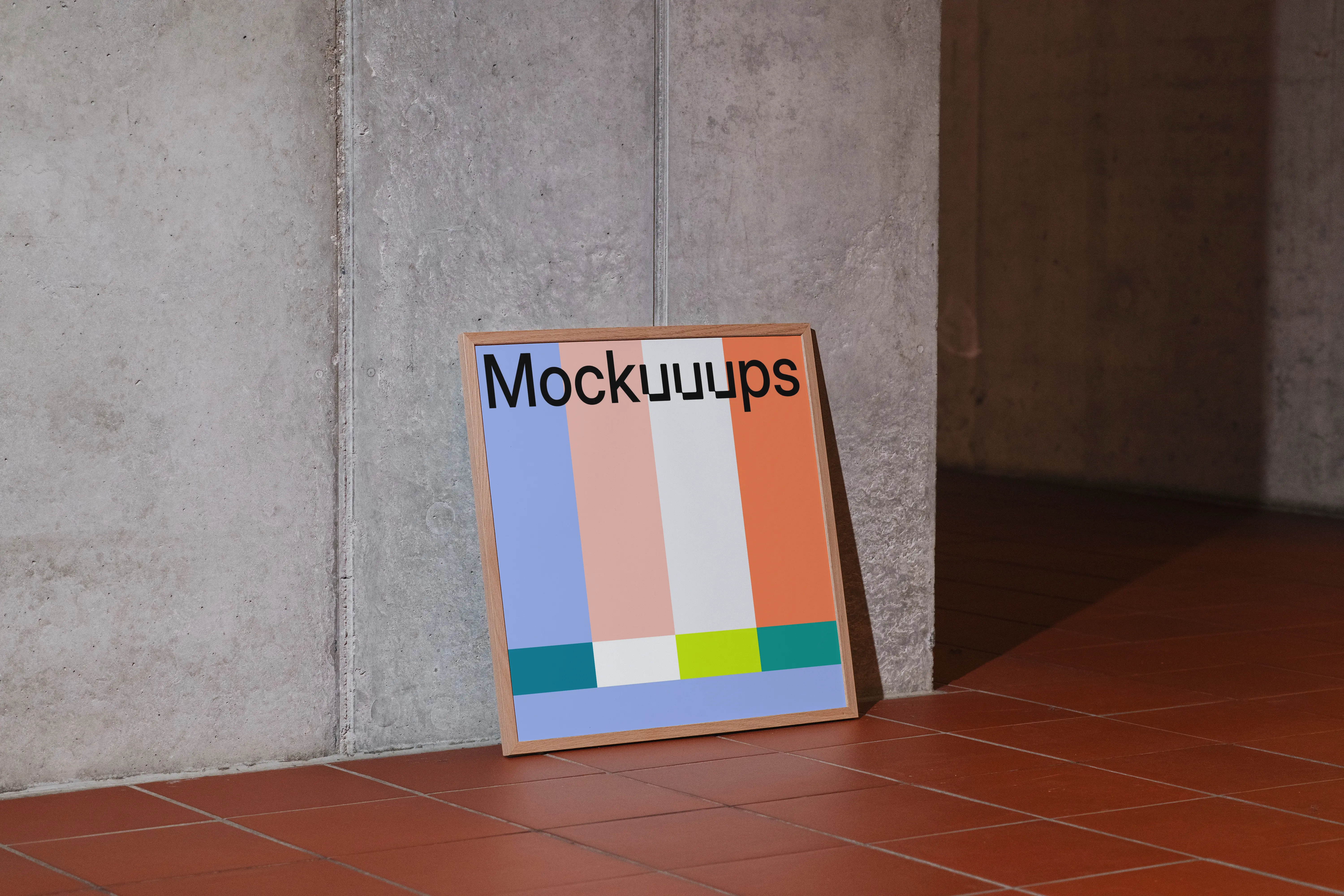 Wooden frame mockup leaning against a concrete wall