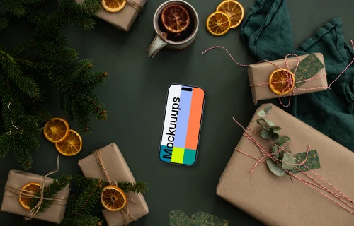 Christmas gifts and smartphone mockup
