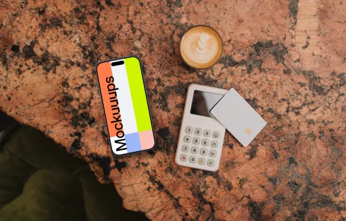 Coffee, payment terminal and an iPhone mockup