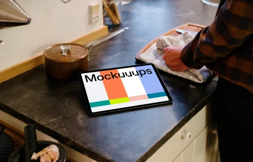iPad Air Mockup on a kitchen counter beside a pot