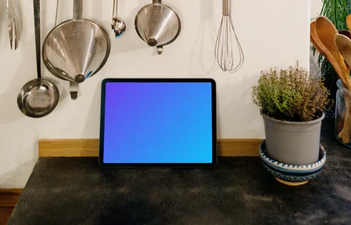 iPad Air mockup under a kitchen shelf