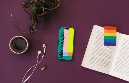 Smartphone mockup with headphones and LGBT decorations