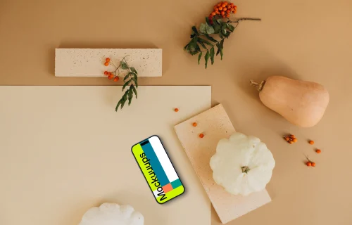 Top view of smartphone mockup with geometric bricks